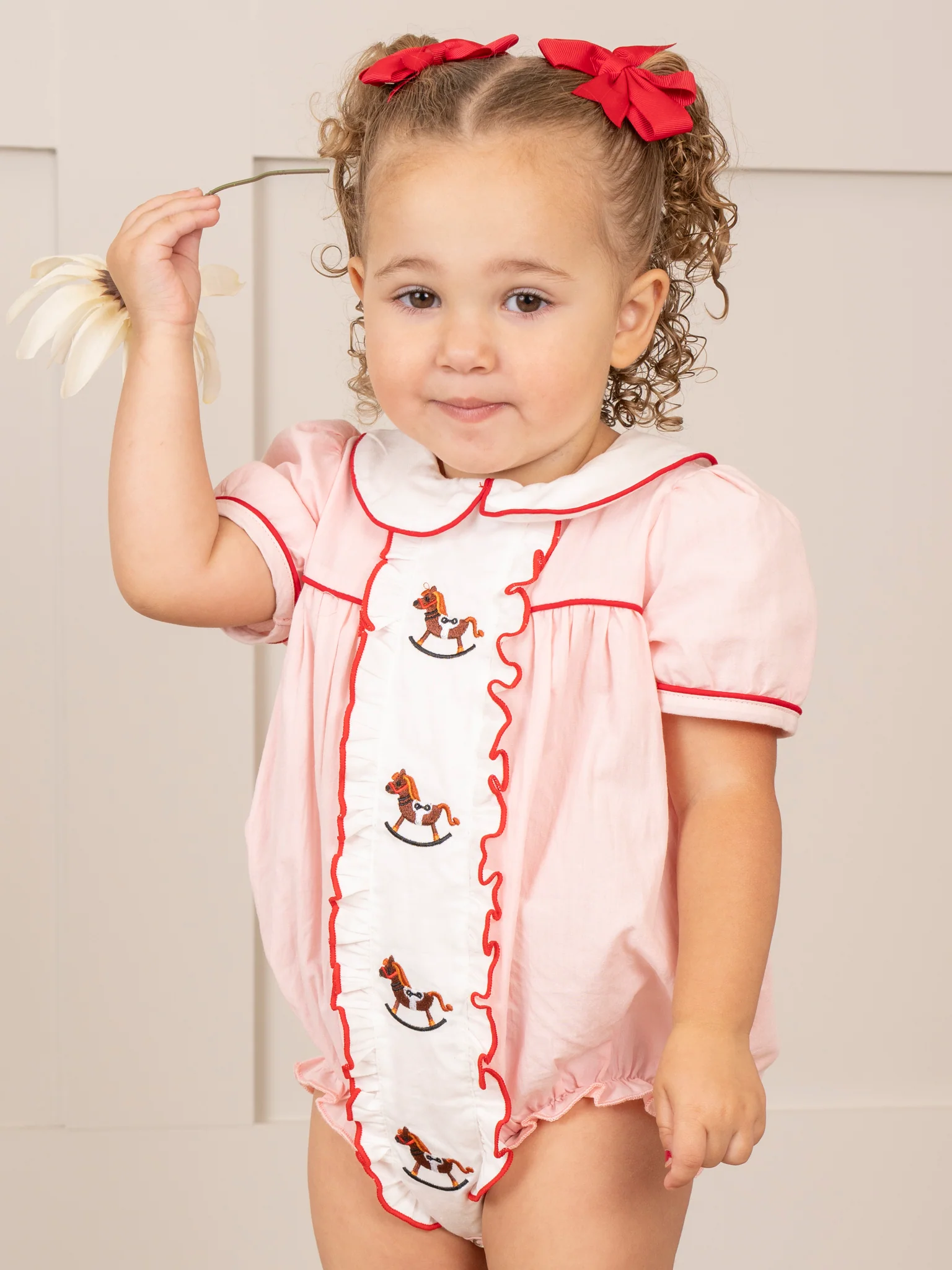 Pink Embroidered Rocking Horse Bubble Romper