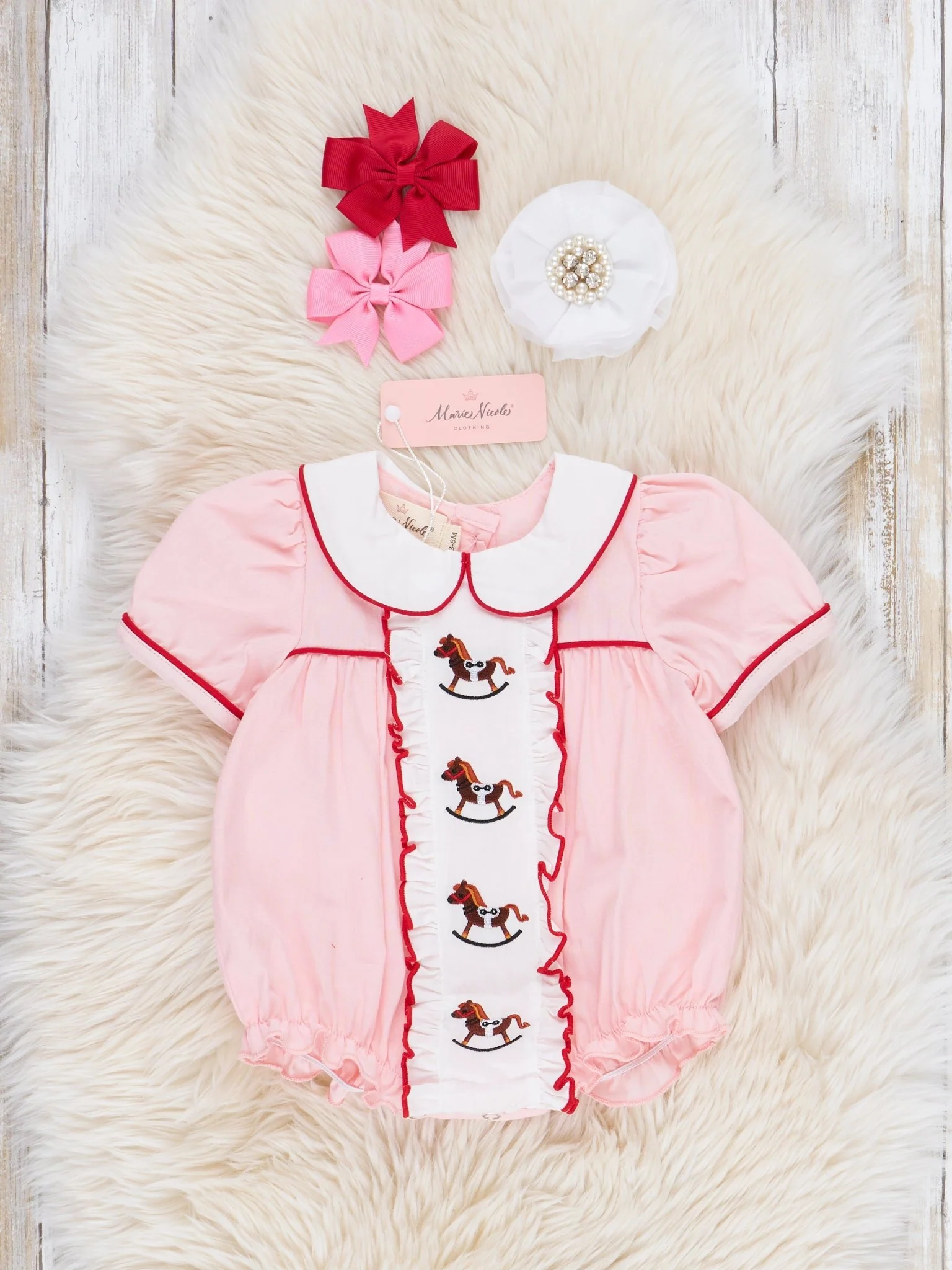 Pink Embroidered Rocking Horse Bubble Romper - Image 2