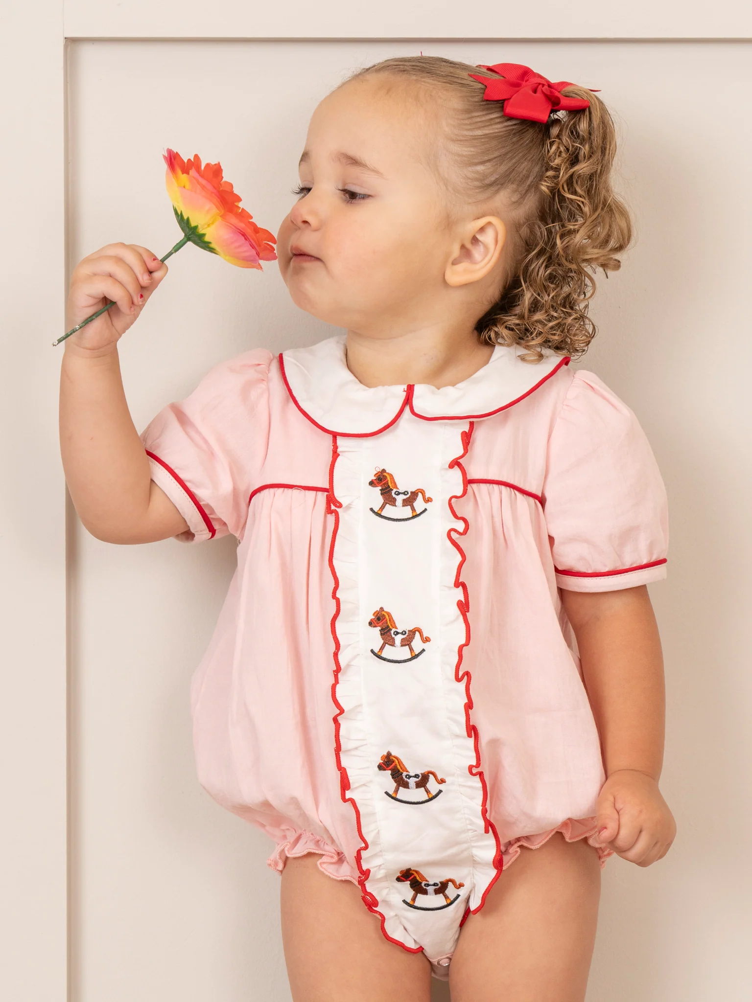 Pink Embroidered Rocking Horse Bubble Romper - Image 3