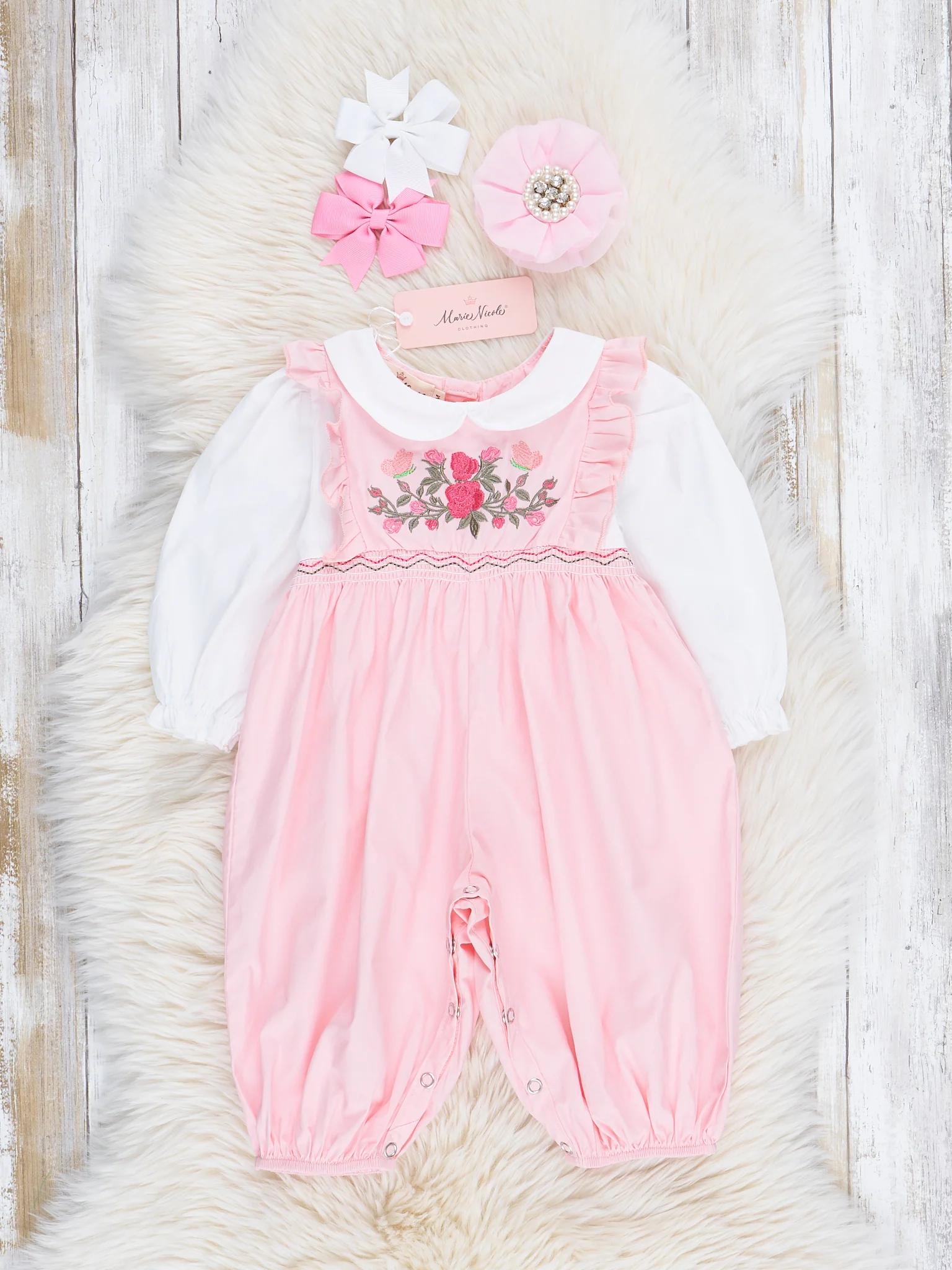 Pink Embroidered Rose Vine Romper