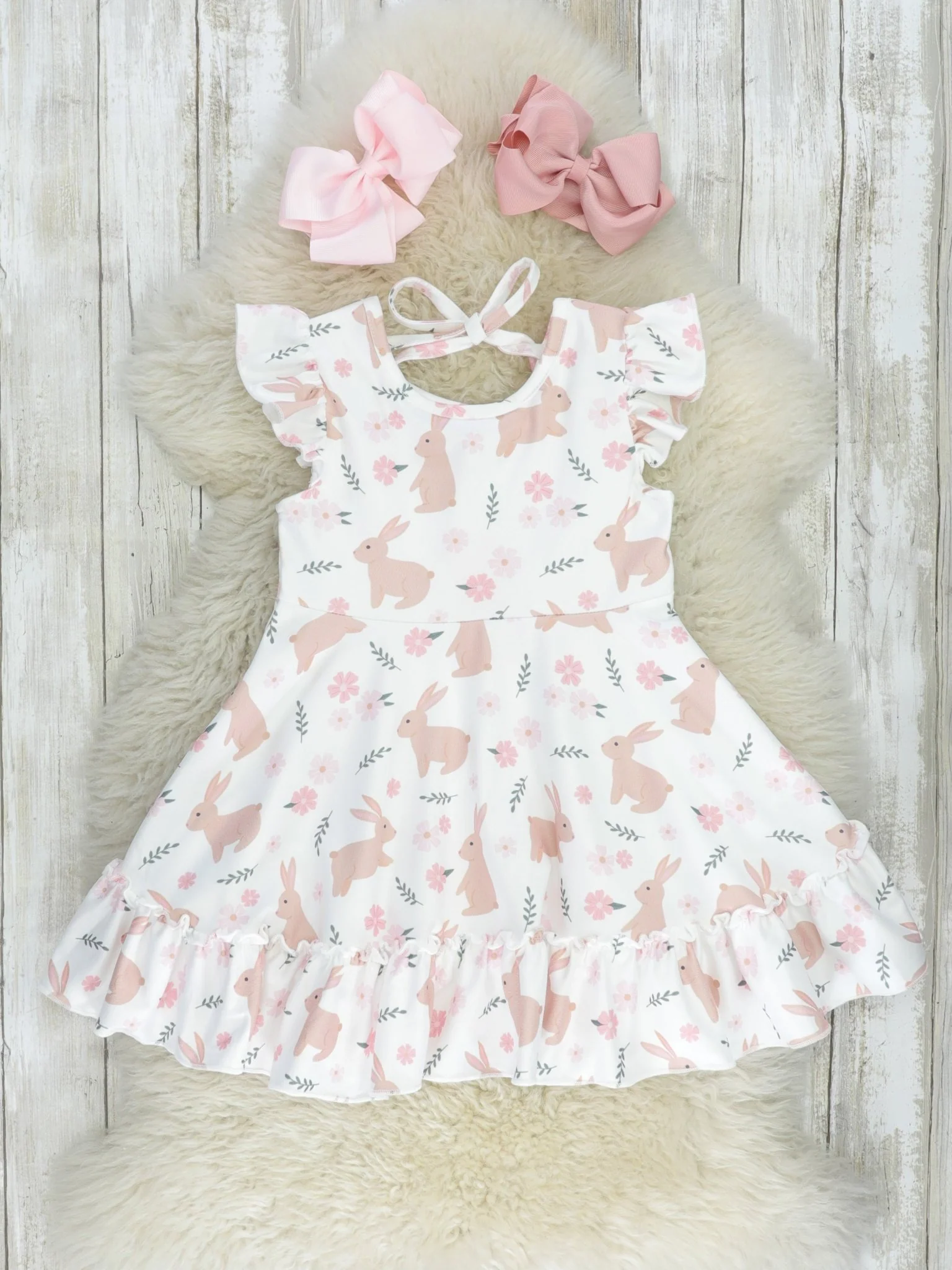 Pink Floral Bunny Ruffle Tie Dress