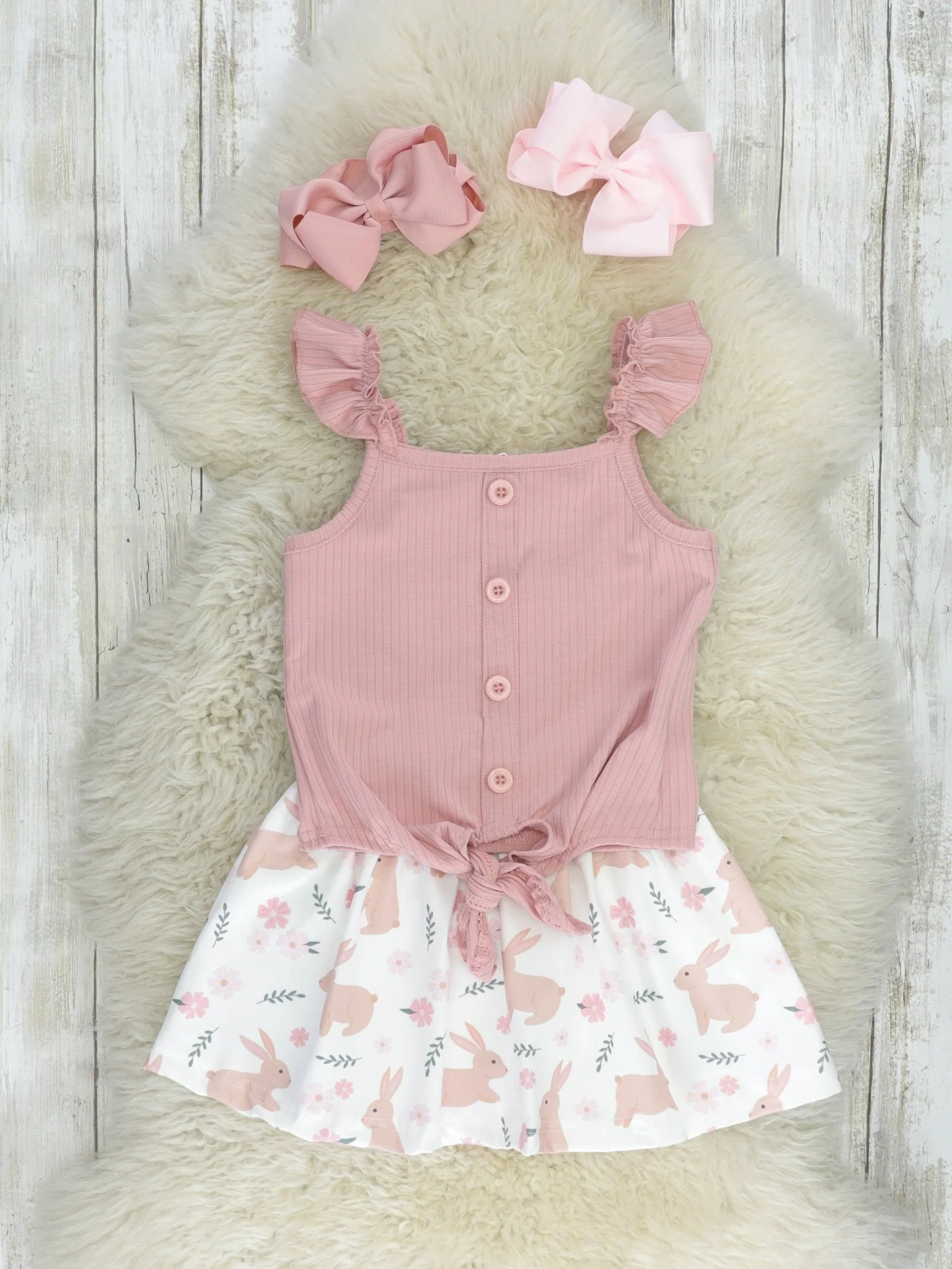 Pink Floral Bunny Ruffle Tie Outfit