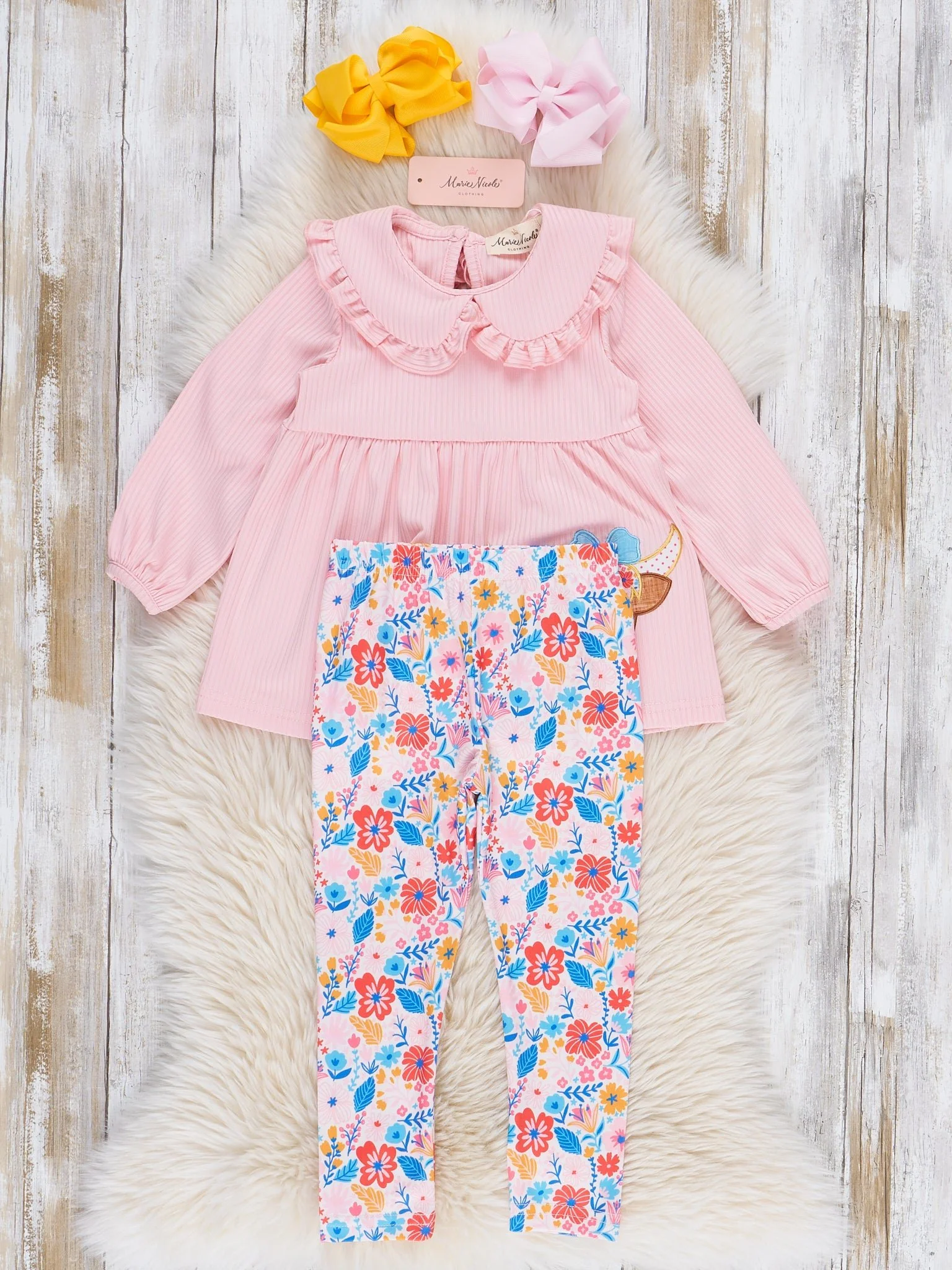 Pink Floral Embroidered Cow Ruffle Outfit - Image 2