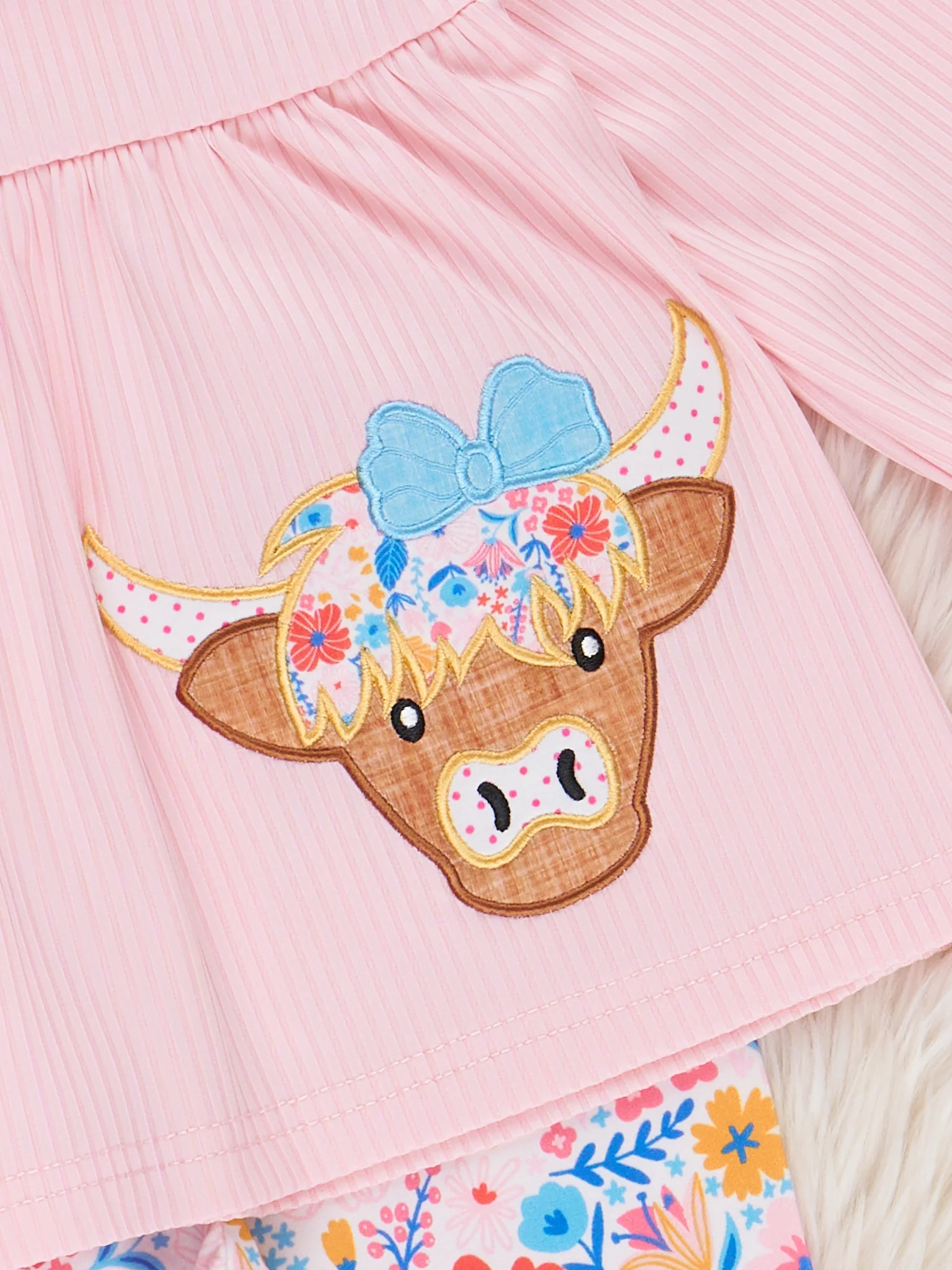 Pink Floral Embroidered Cow Ruffle Outfit - Image 3