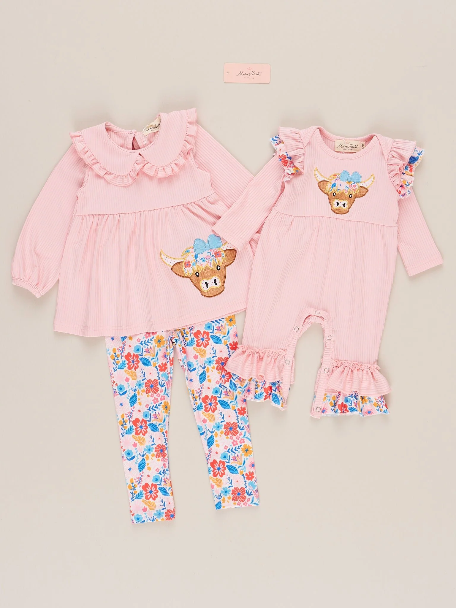 Pink Floral Embroidered Cow Ruffle Outfit - Image 5
