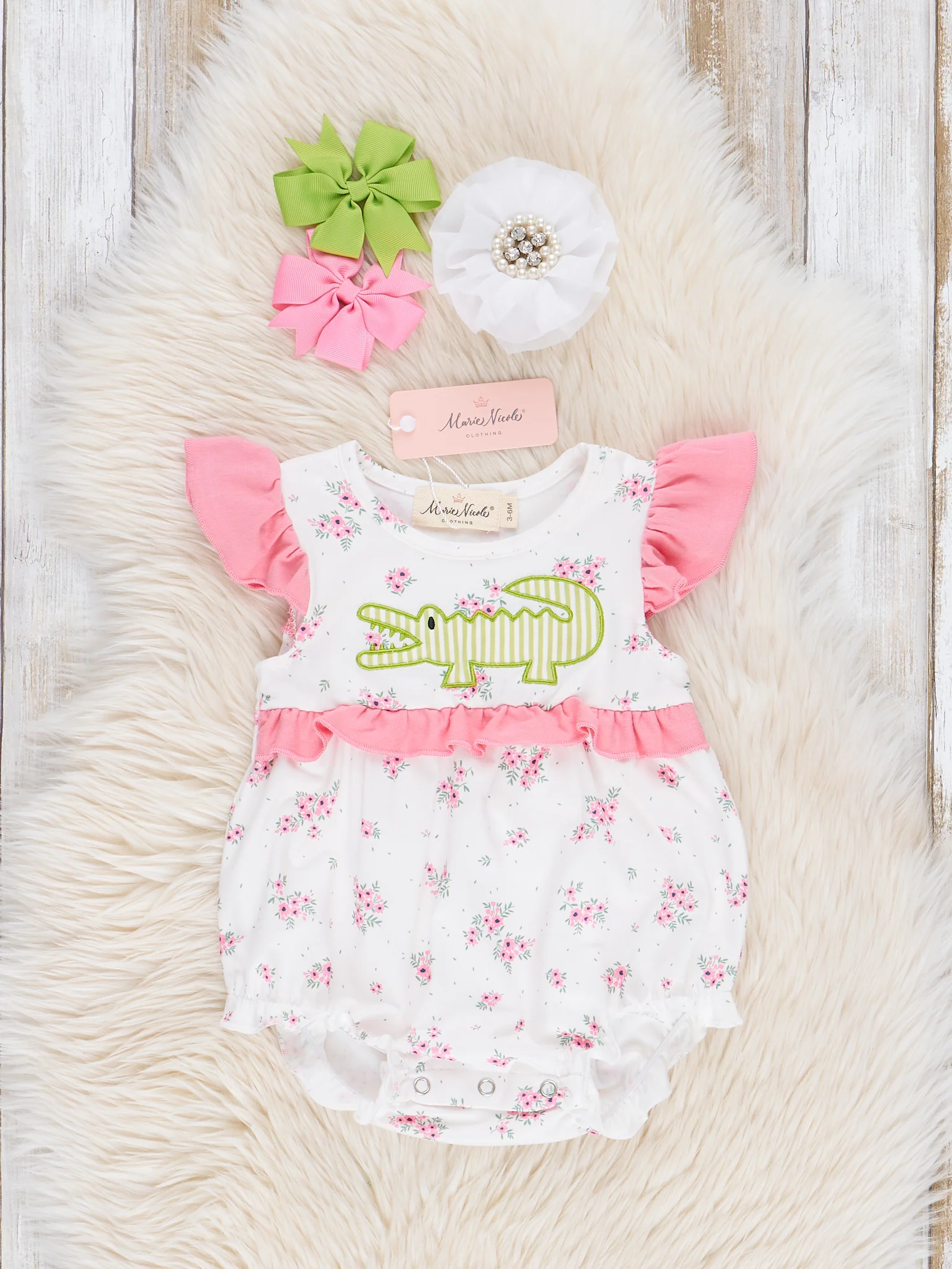 Pink Floral Embroidered Crocodile Ruffle Bubble Romper