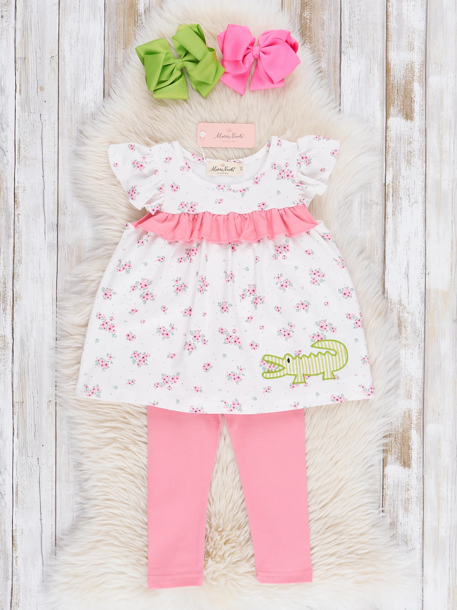 Pink Floral Embroidered Crocodile Ruffle Outfit