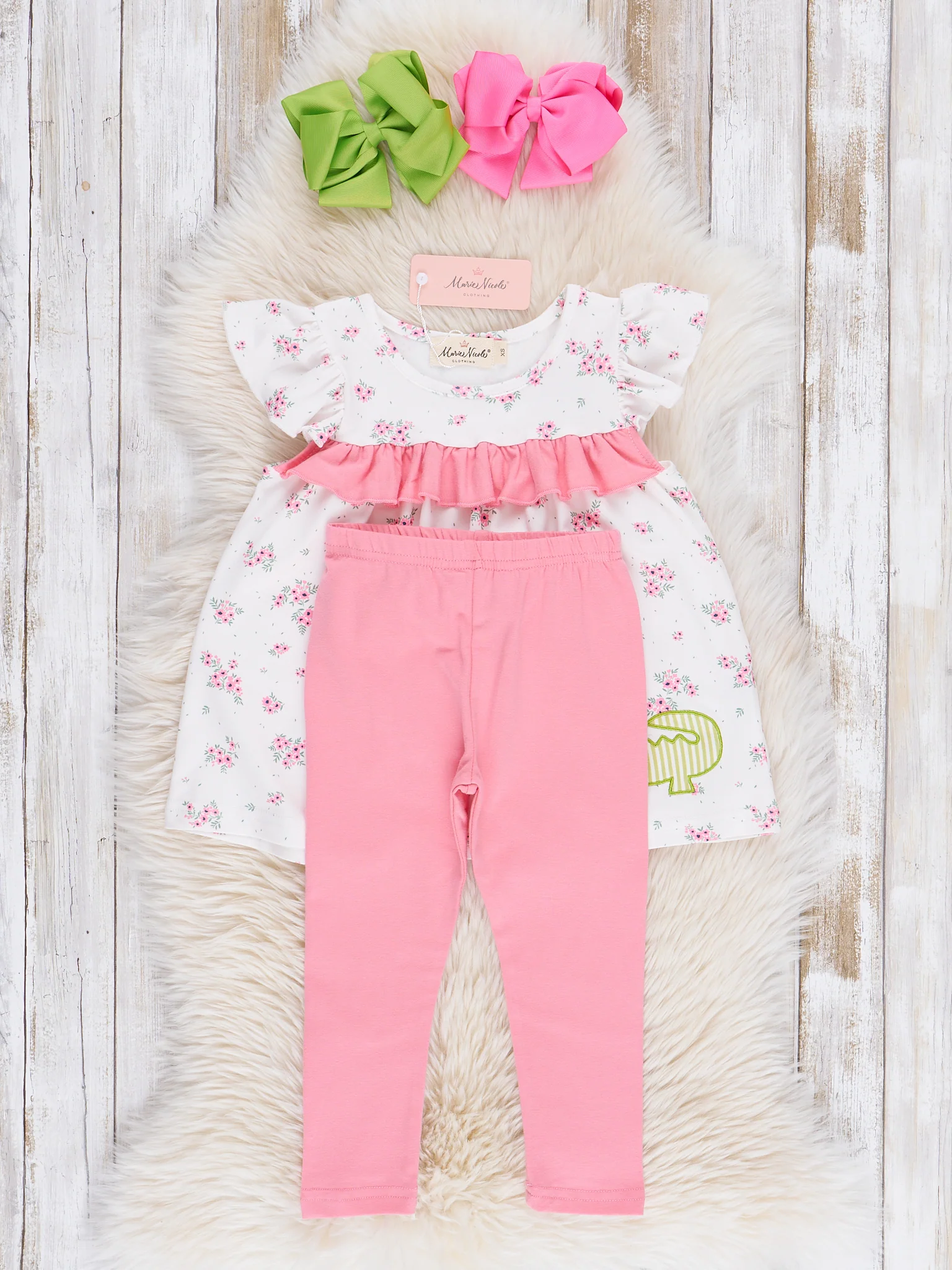 Pink Floral Embroidered Crocodile Ruffle Outfit - Image 2