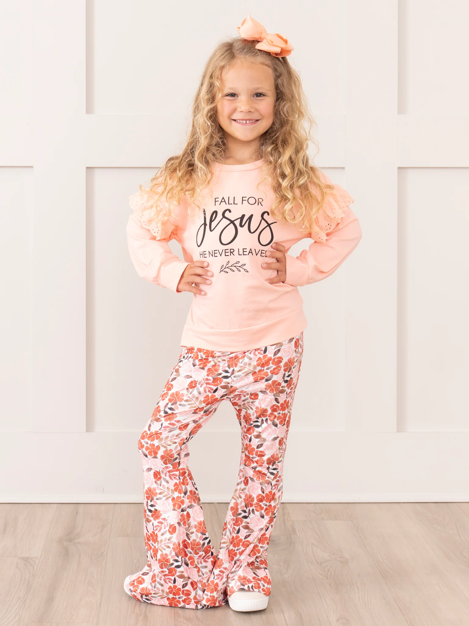 Pink Floral "Jesus Never Leaves" Bell Bottom Outfit