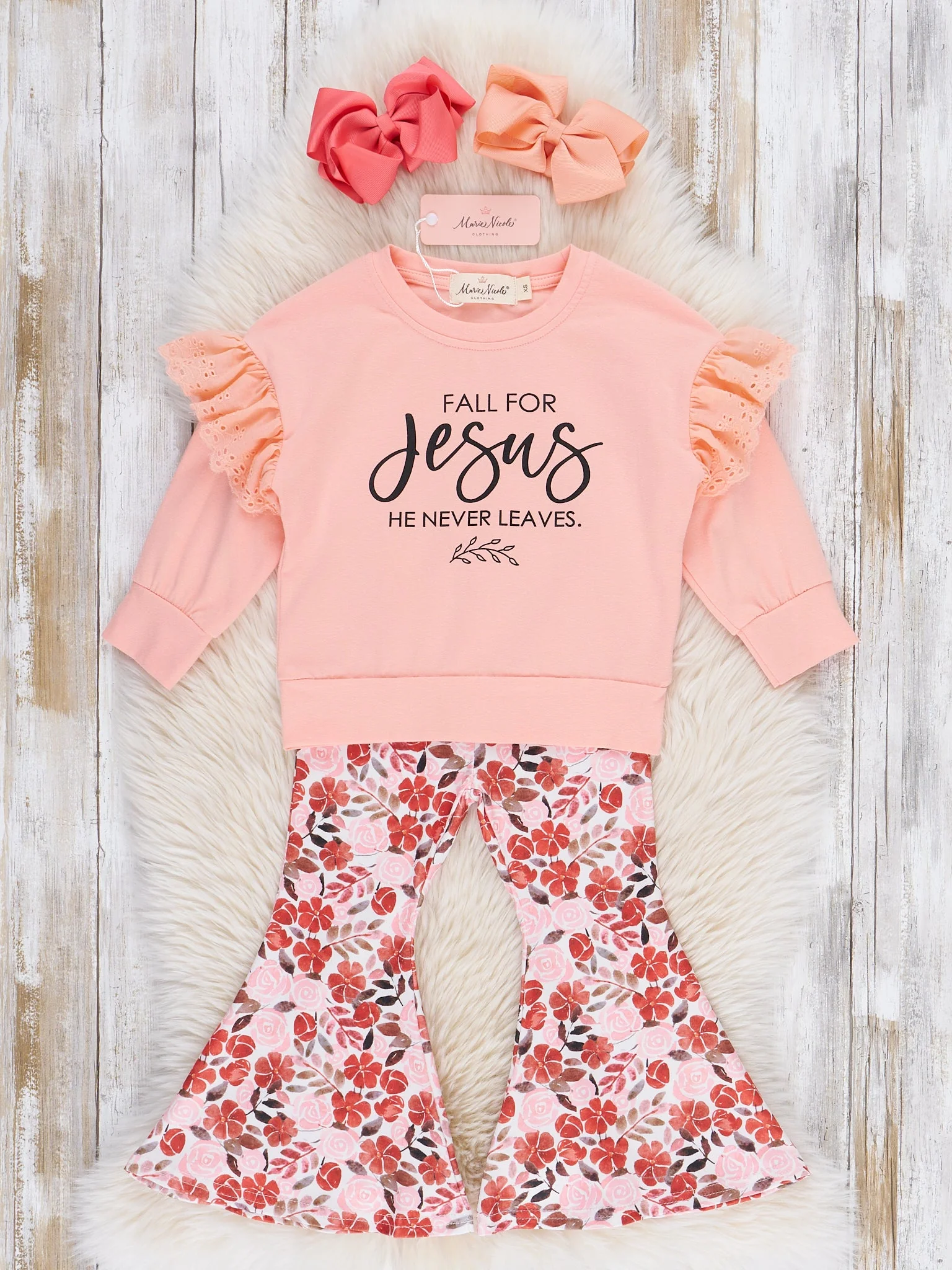 Pink Floral "Jesus Never Leaves" Bell Bottom Outfit - Image 2