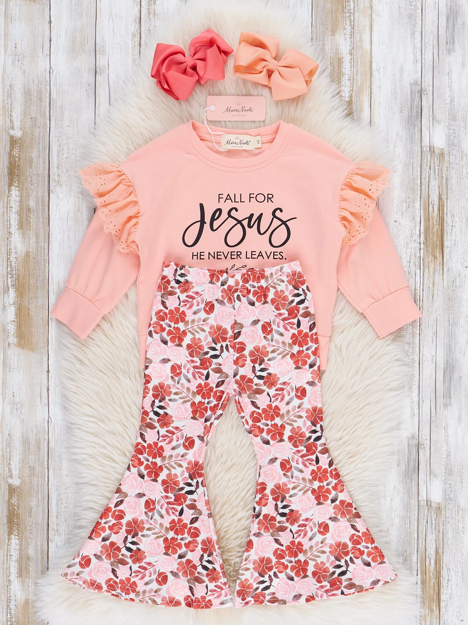 Pink Floral "Jesus Never Leaves" Bell Bottom Outfit - Image 3
