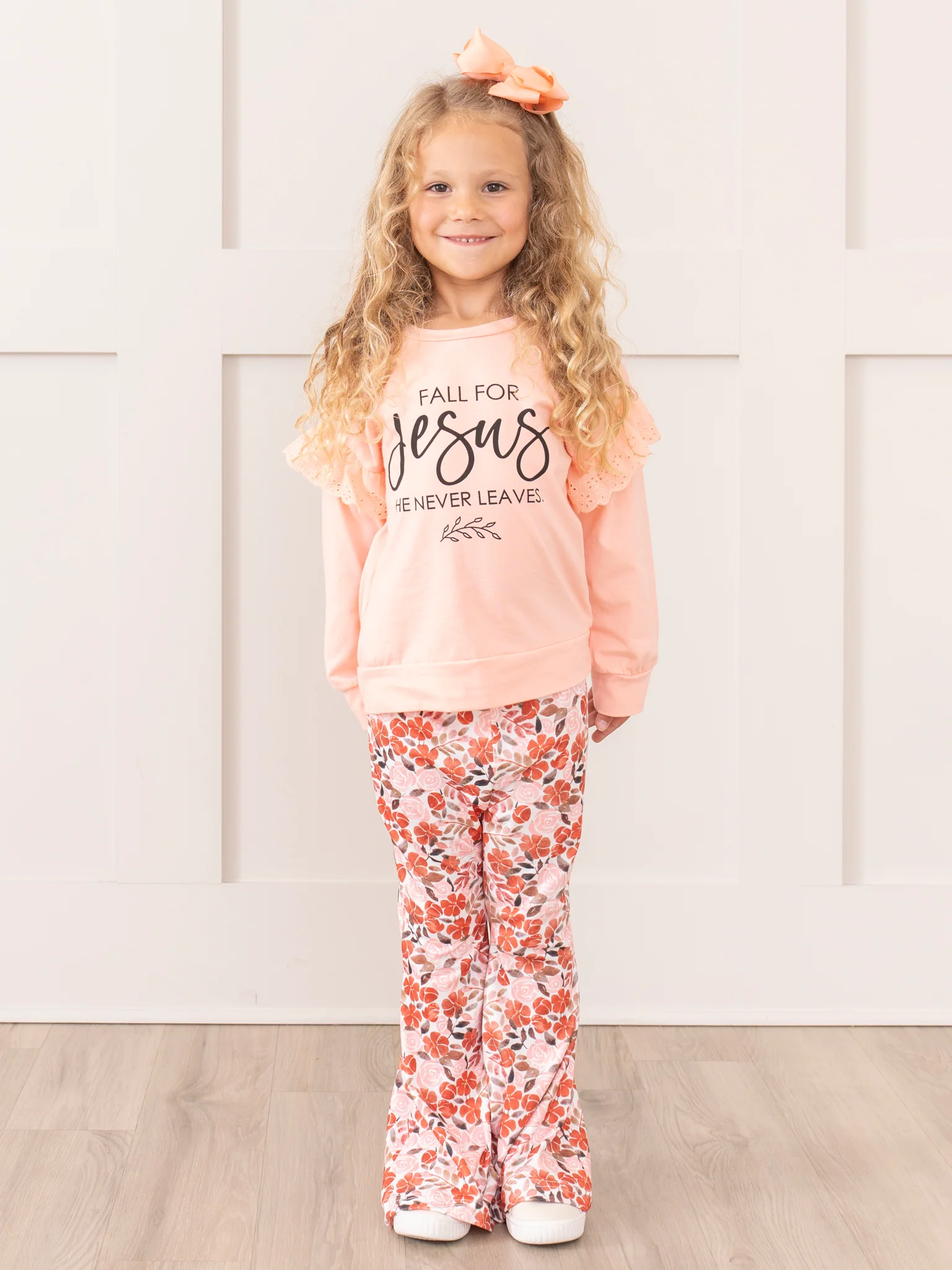 Pink Floral "Jesus Never Leaves" Bell Bottom Outfit - Image 5