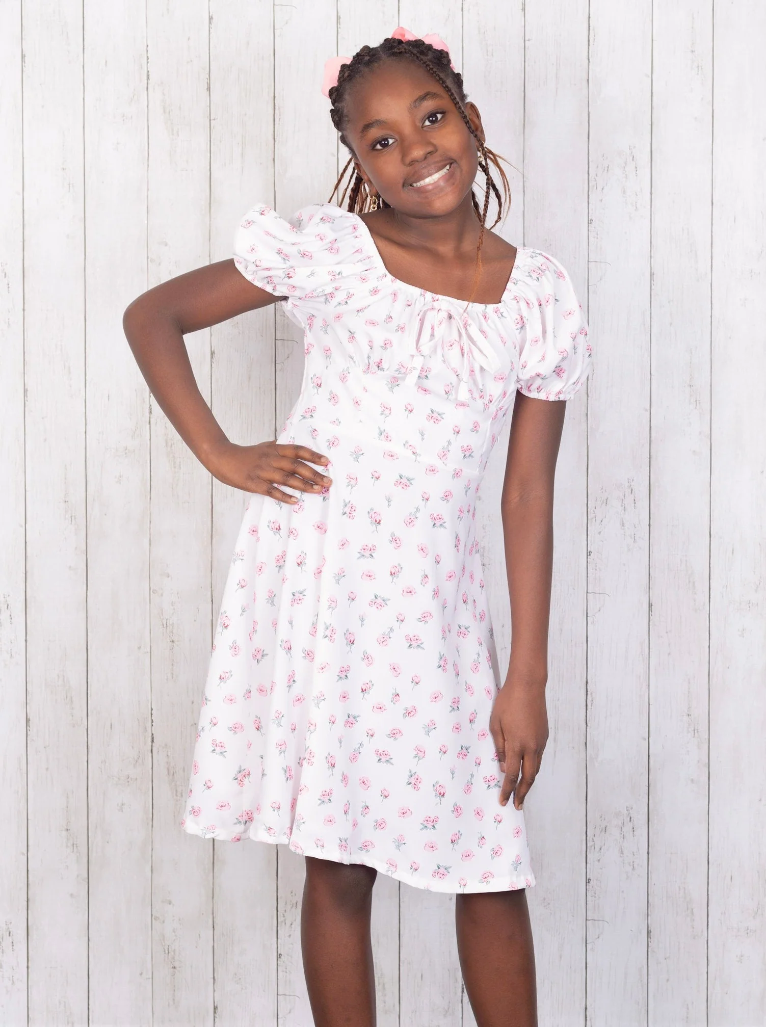 Pink Floral Puff Sleeve Dress - Image 2
