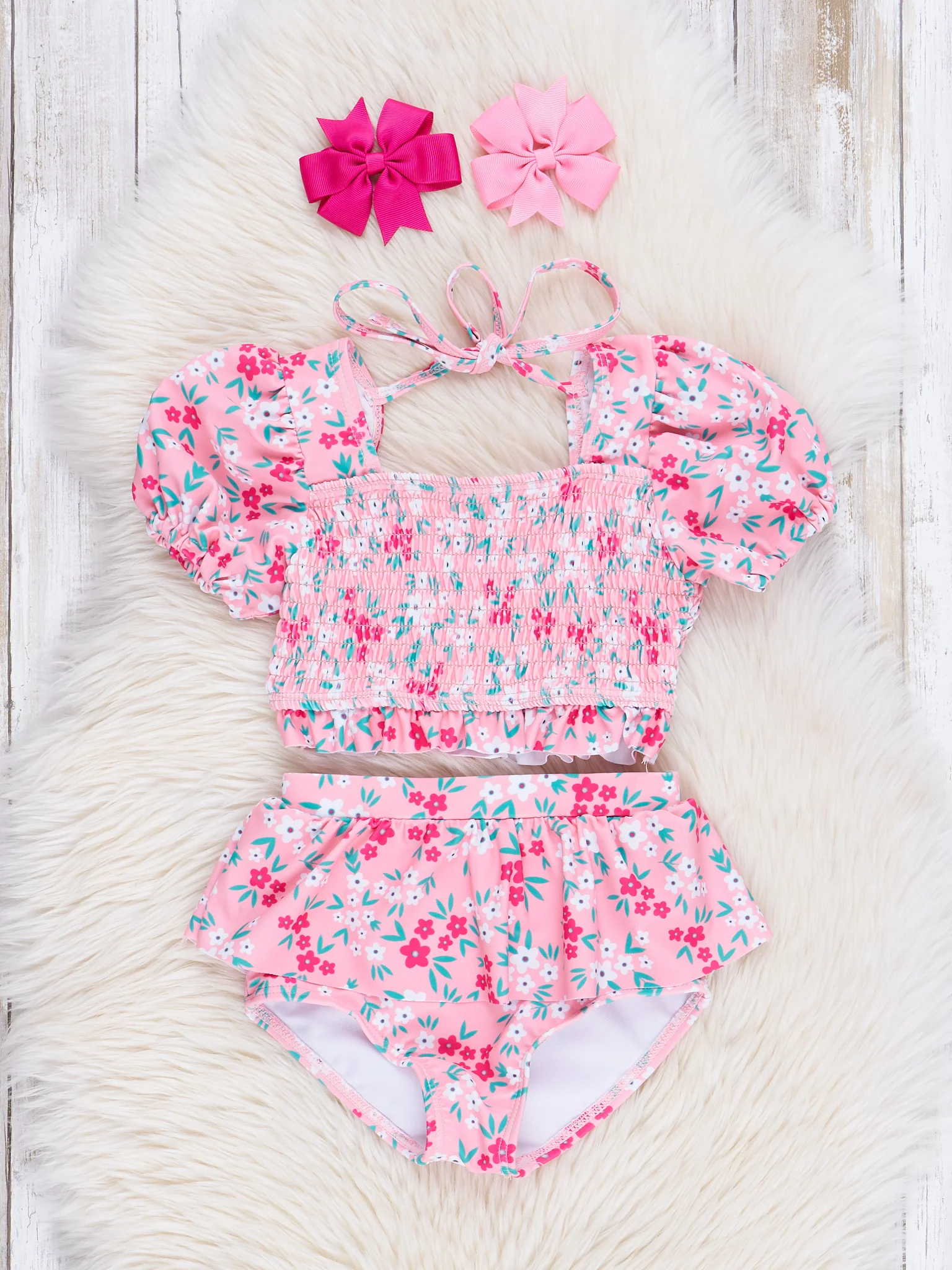 Pink Floral Puff Sleeve Ruffle Swimsuit