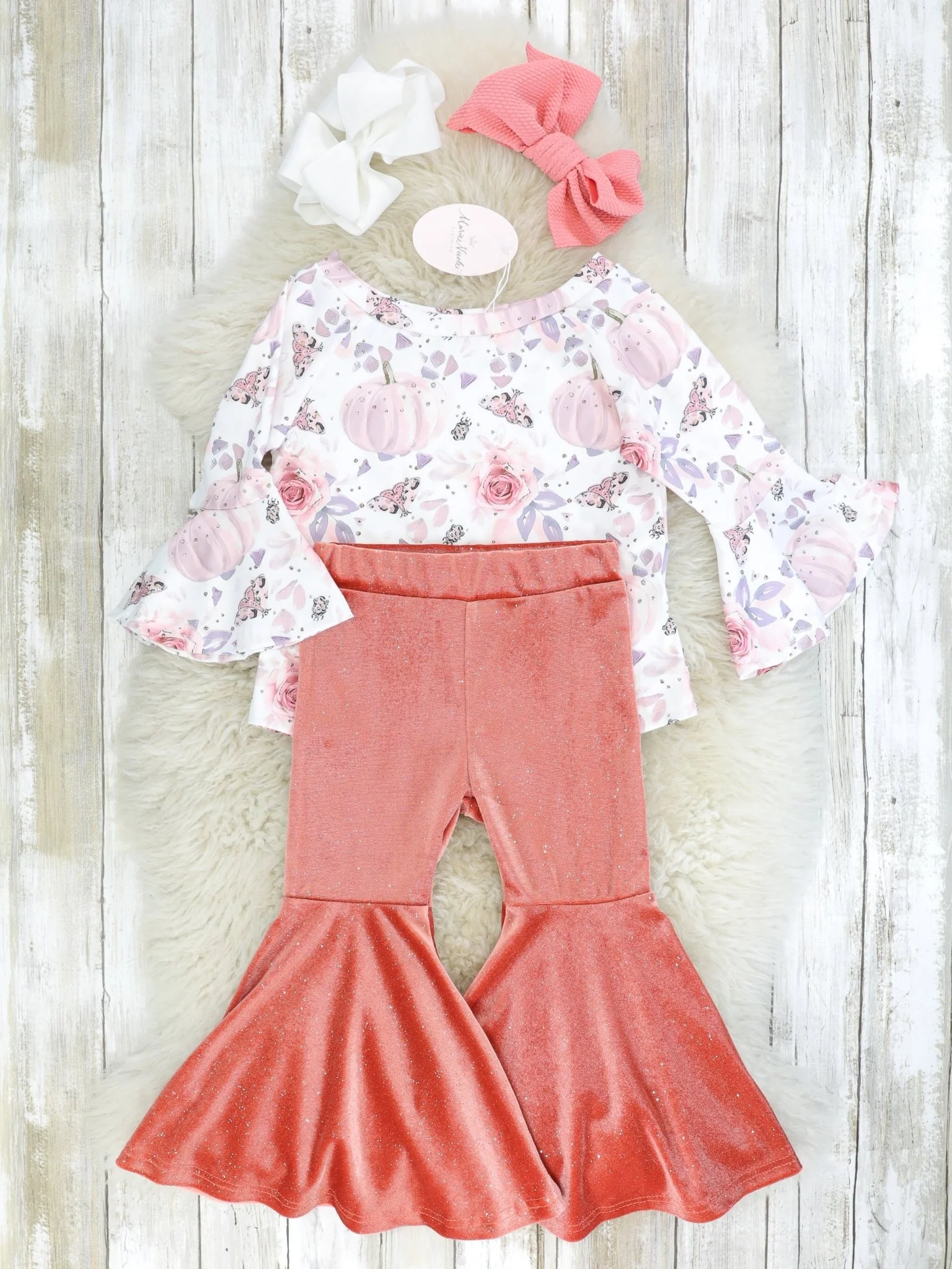 Pink Floral Pumpkin Top & Velvet Bell Bottoms - Image 2