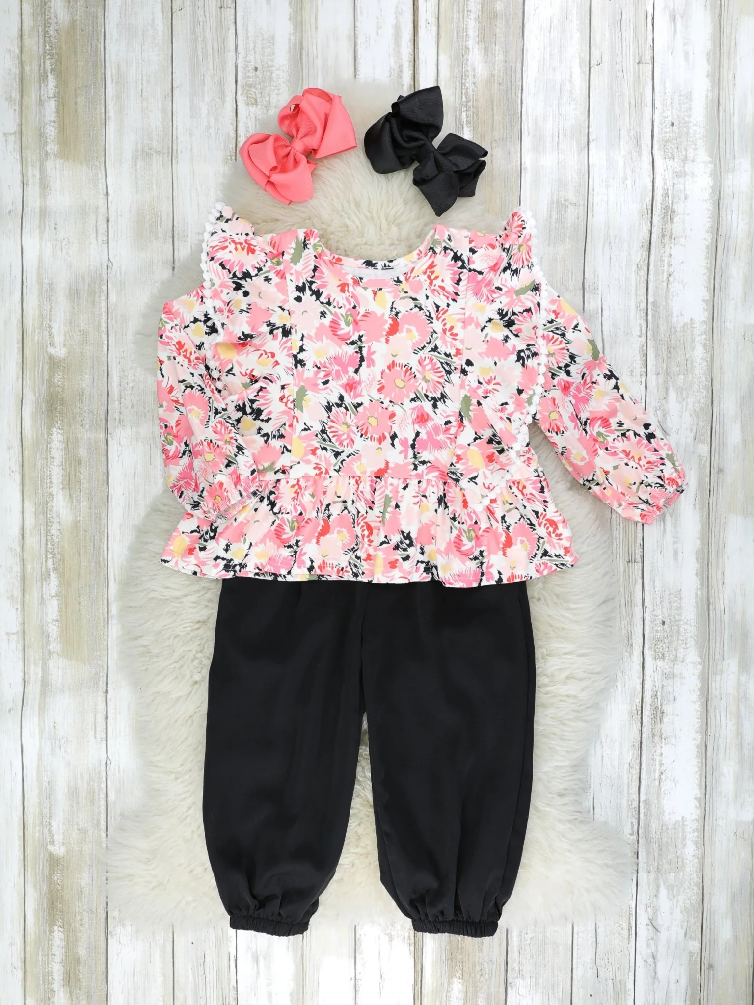 Pink Floral Ruffle Top & Black Joggers Outfit