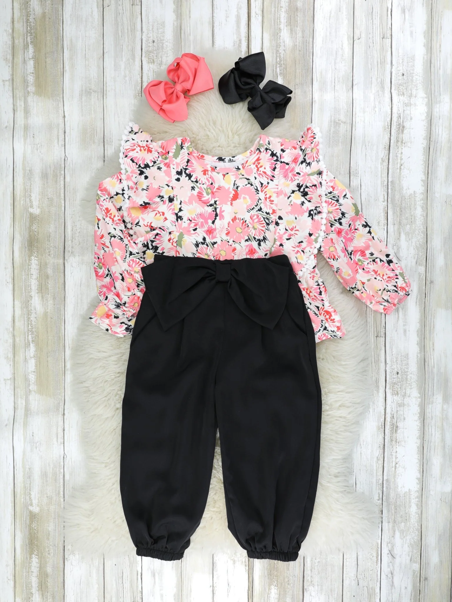 Pink Floral Ruffle Top & Black Joggers Outfit - Image 2