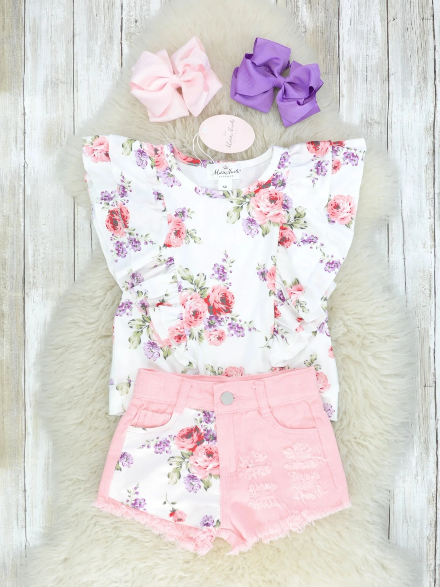 Pink Floral Ruffle Top & Distressed Denim Shorts - Image 2