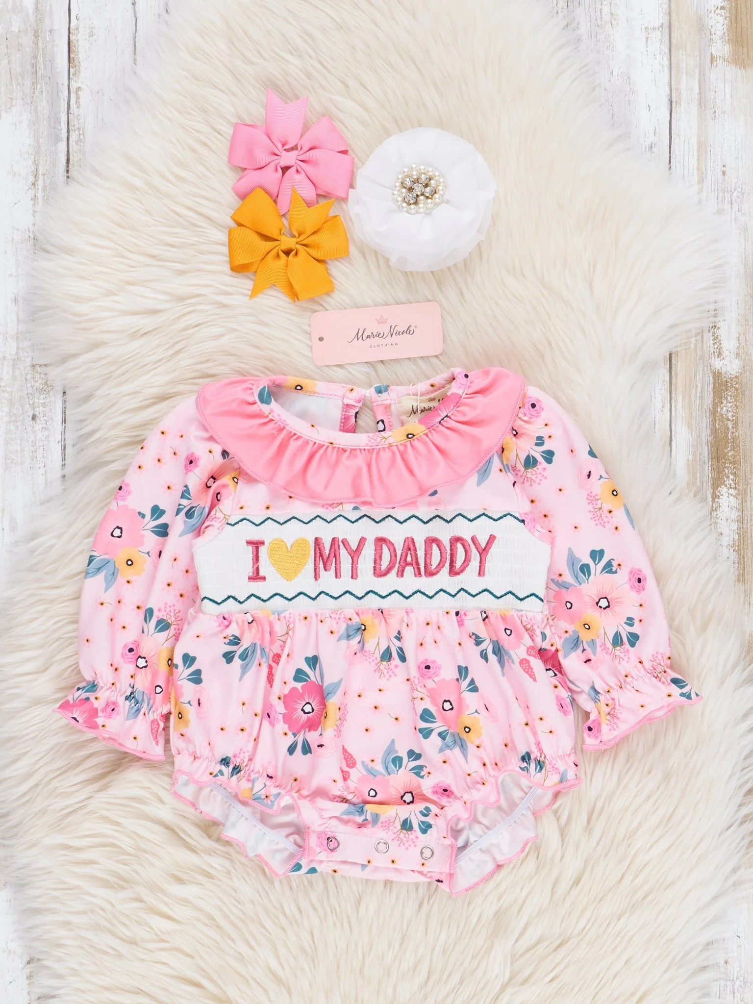 Pink Floral Smocked Dad Love Bubble Romper - Image 2