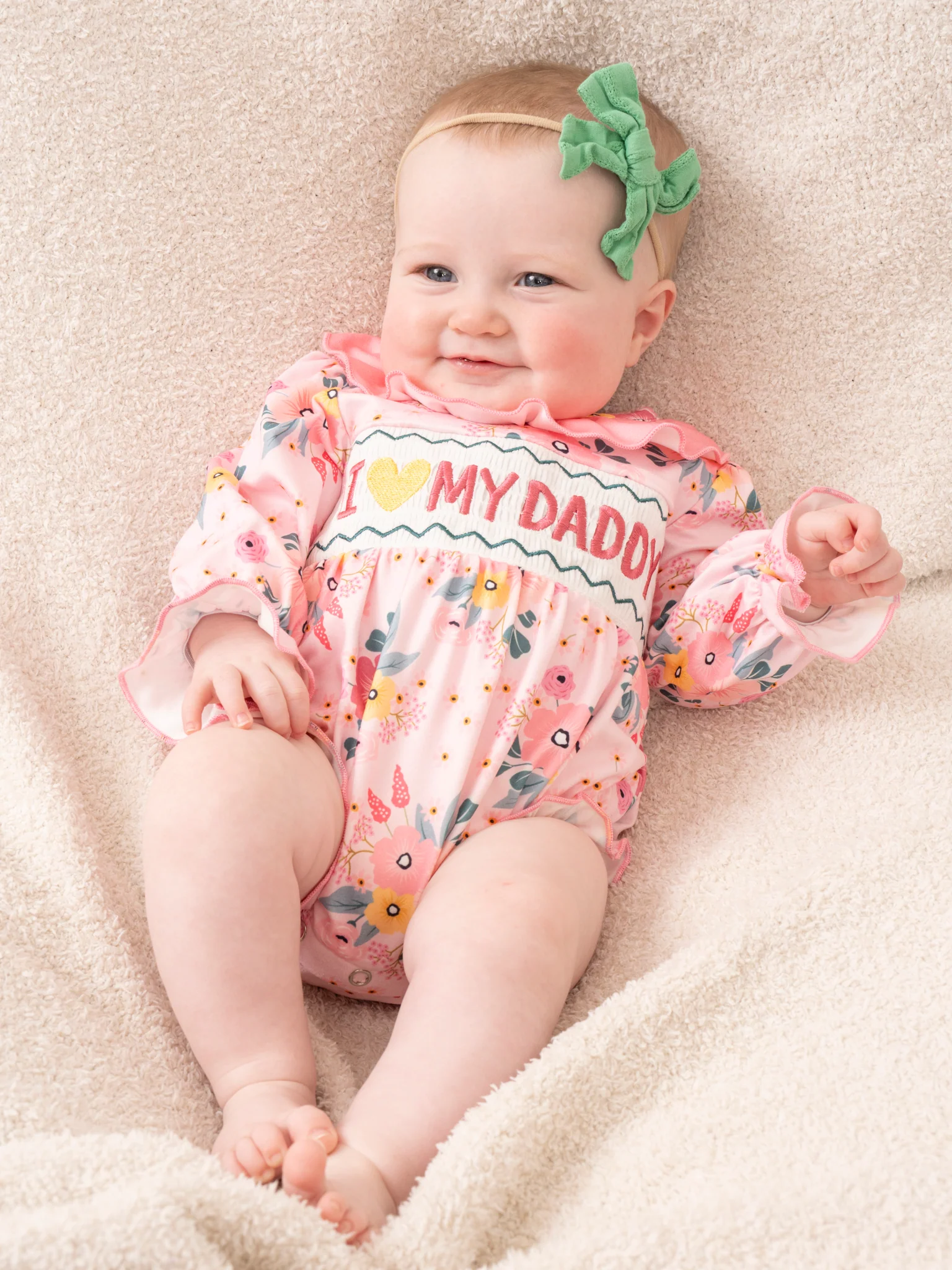 Pink Floral Smocked Dad Love Bubble Romper - Image 3