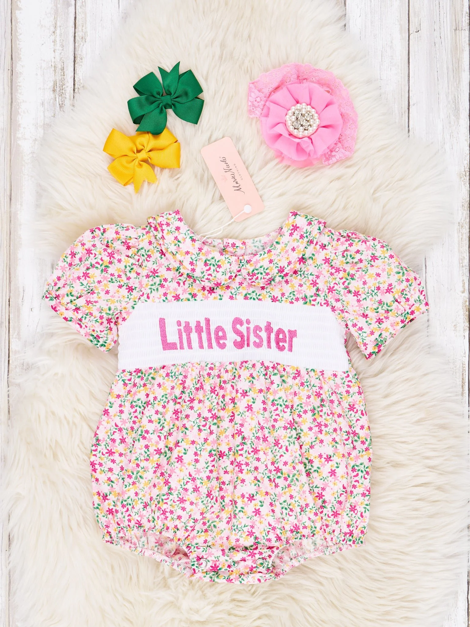 Pink Floral Smocked "Sister" Vintage Romper