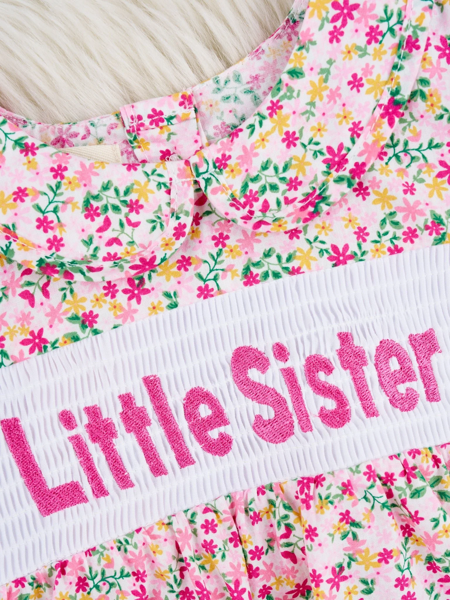 Pink Floral Smocked "Sister" Vintage Romper - Image 3