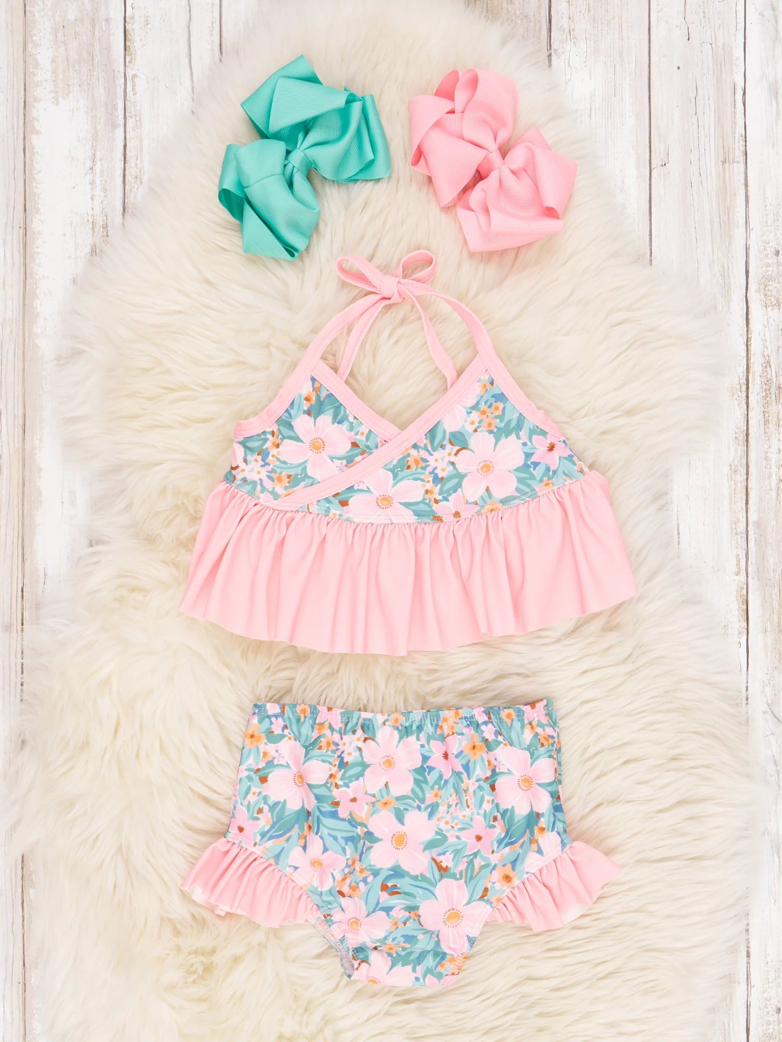 Pink Floral Tie Ruffle Swimsuit