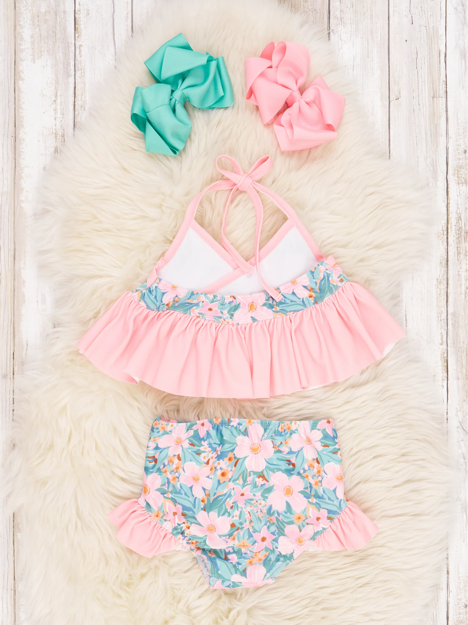 Pink Floral Tie Ruffle Swimsuit - Image 2