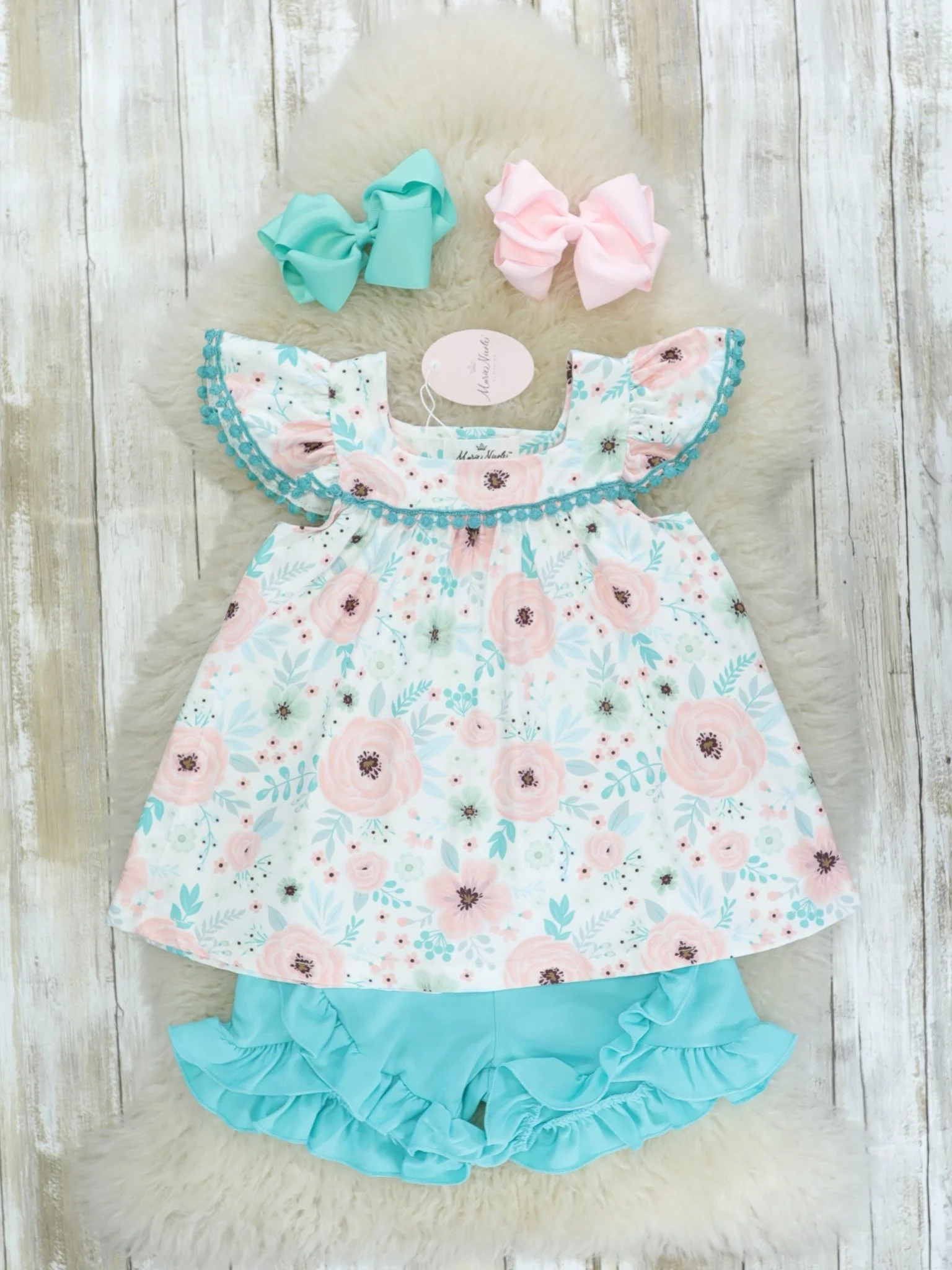 Pink Floral Top & Blue Ruffle Shorts Outfit