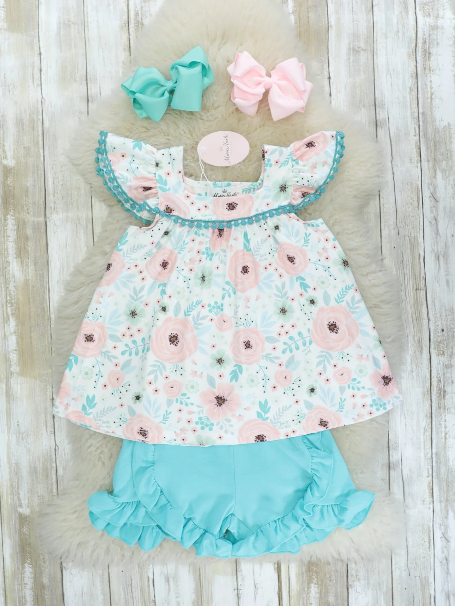 Pink Floral Top & Blue Ruffle Shorts Outfit - Image 2