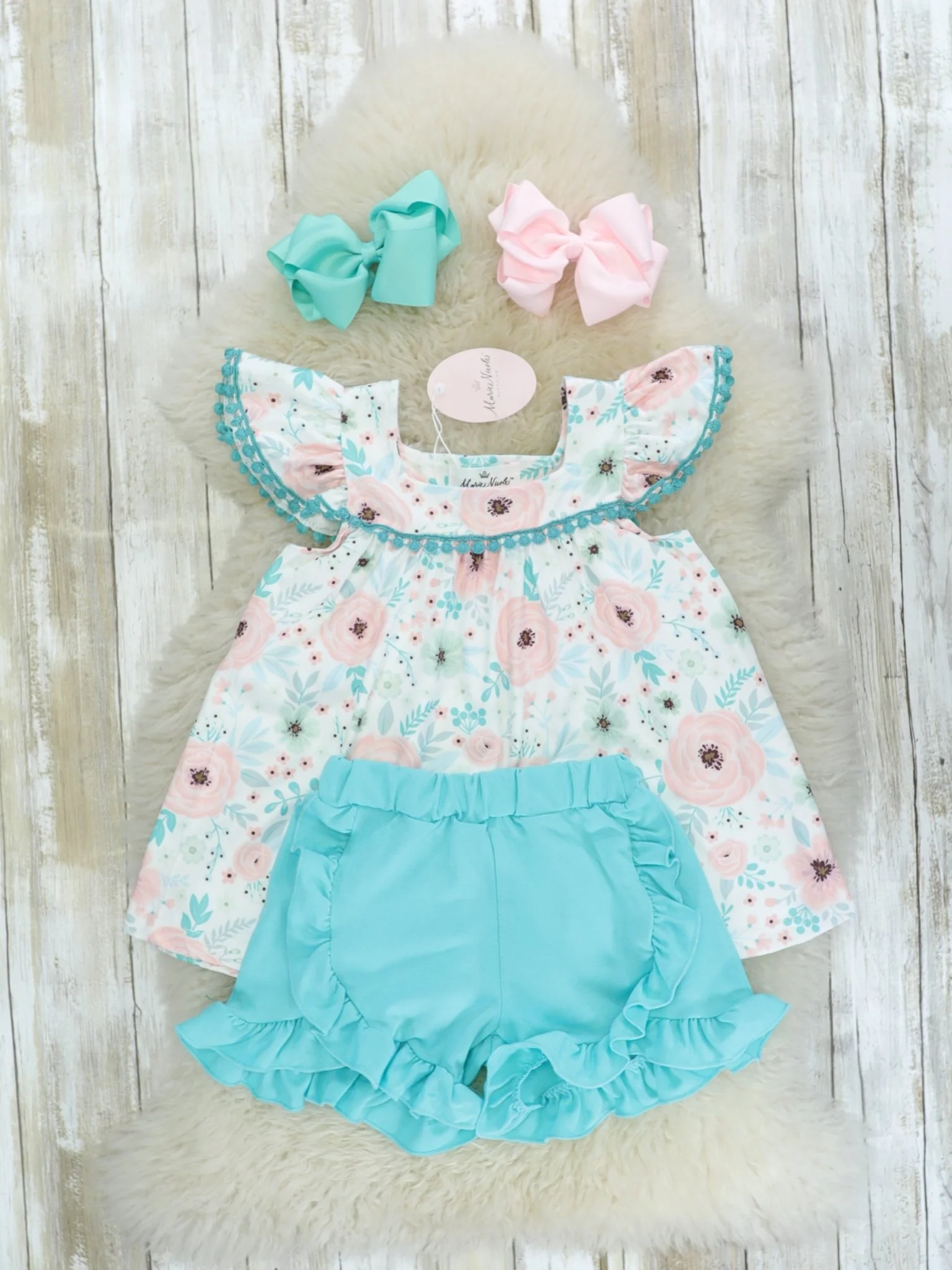 Pink Floral Top & Blue Ruffle Shorts Outfit - Image 3