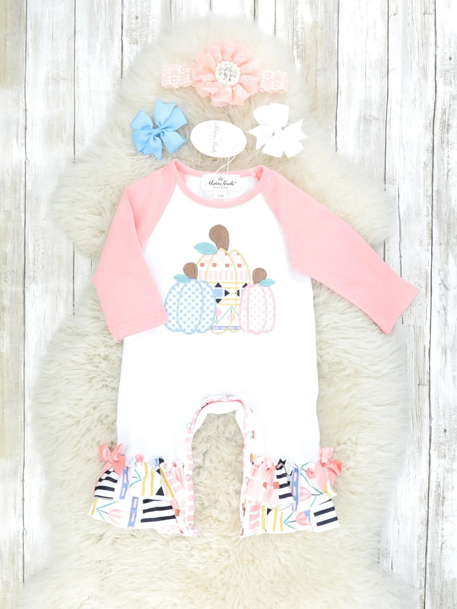 Pink Geometric Pumpkin Ruffle Romper