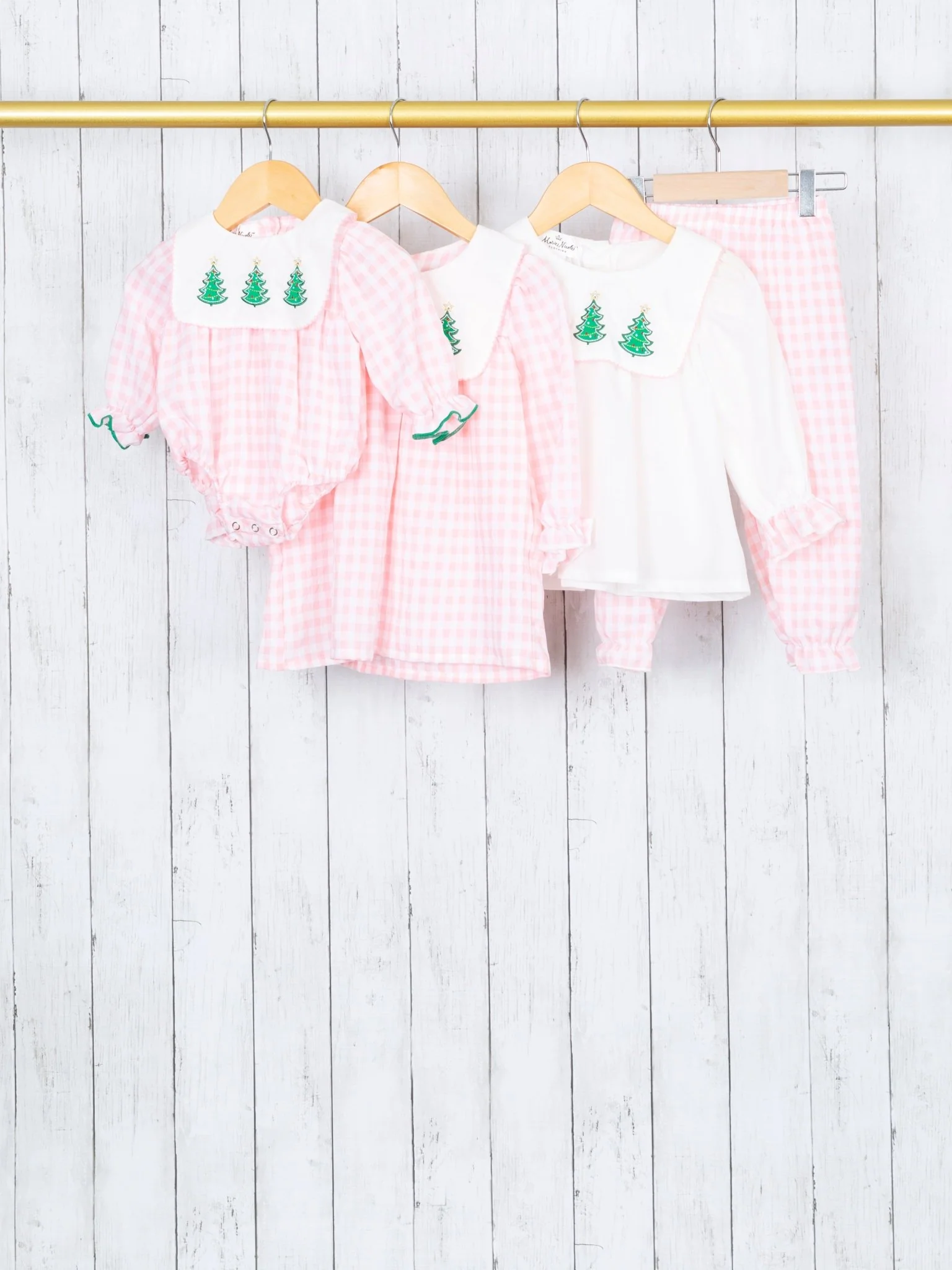 Pink Gingham Christmas Tree Bib Collar Dress - Image 3