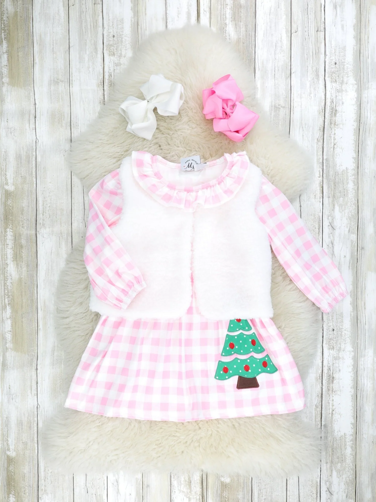 Pink Gingham Christmas Tree Dress & Vest - Image 3