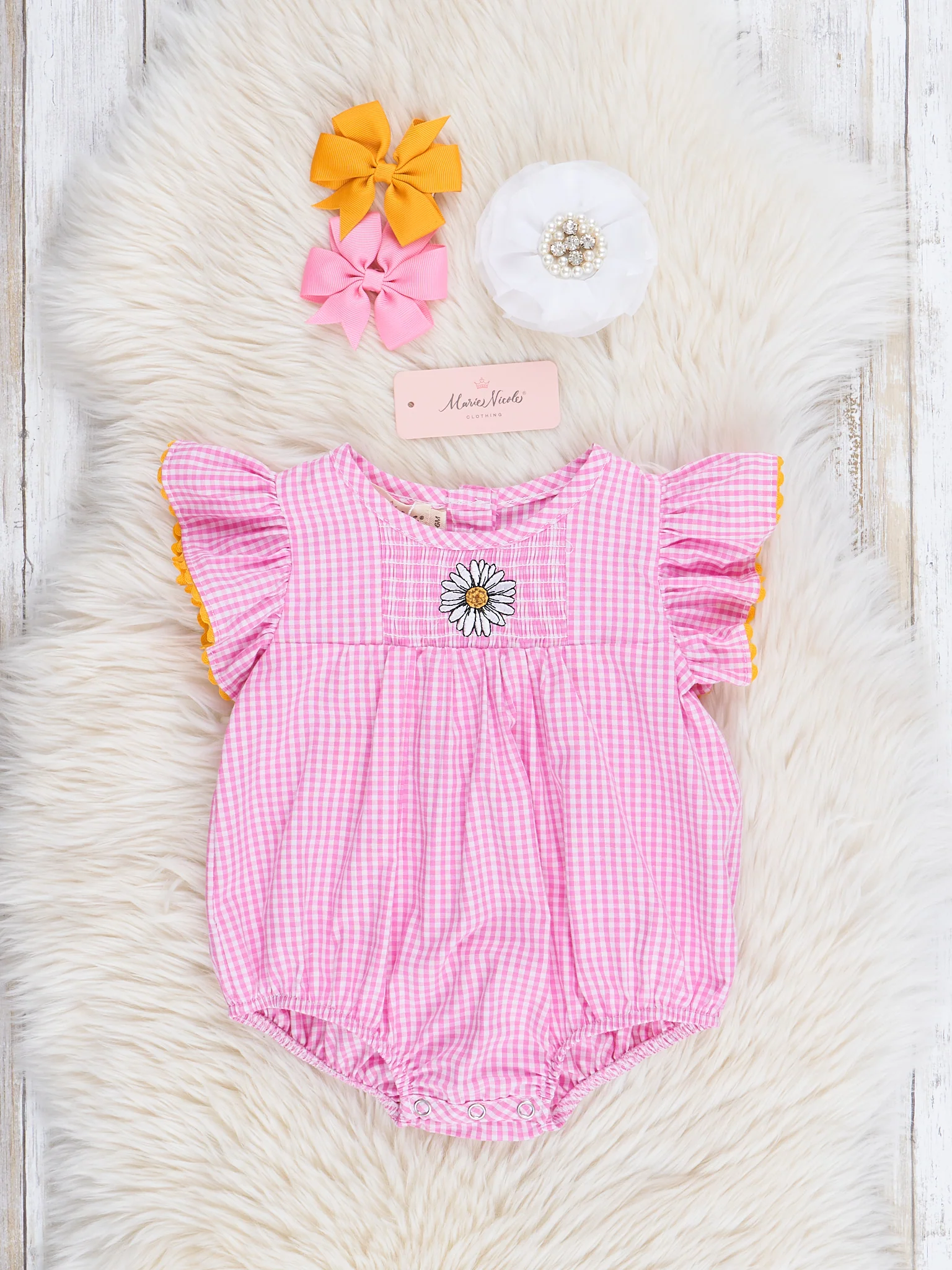 Pink Gingham Daisy Ruffle Bubble Romper