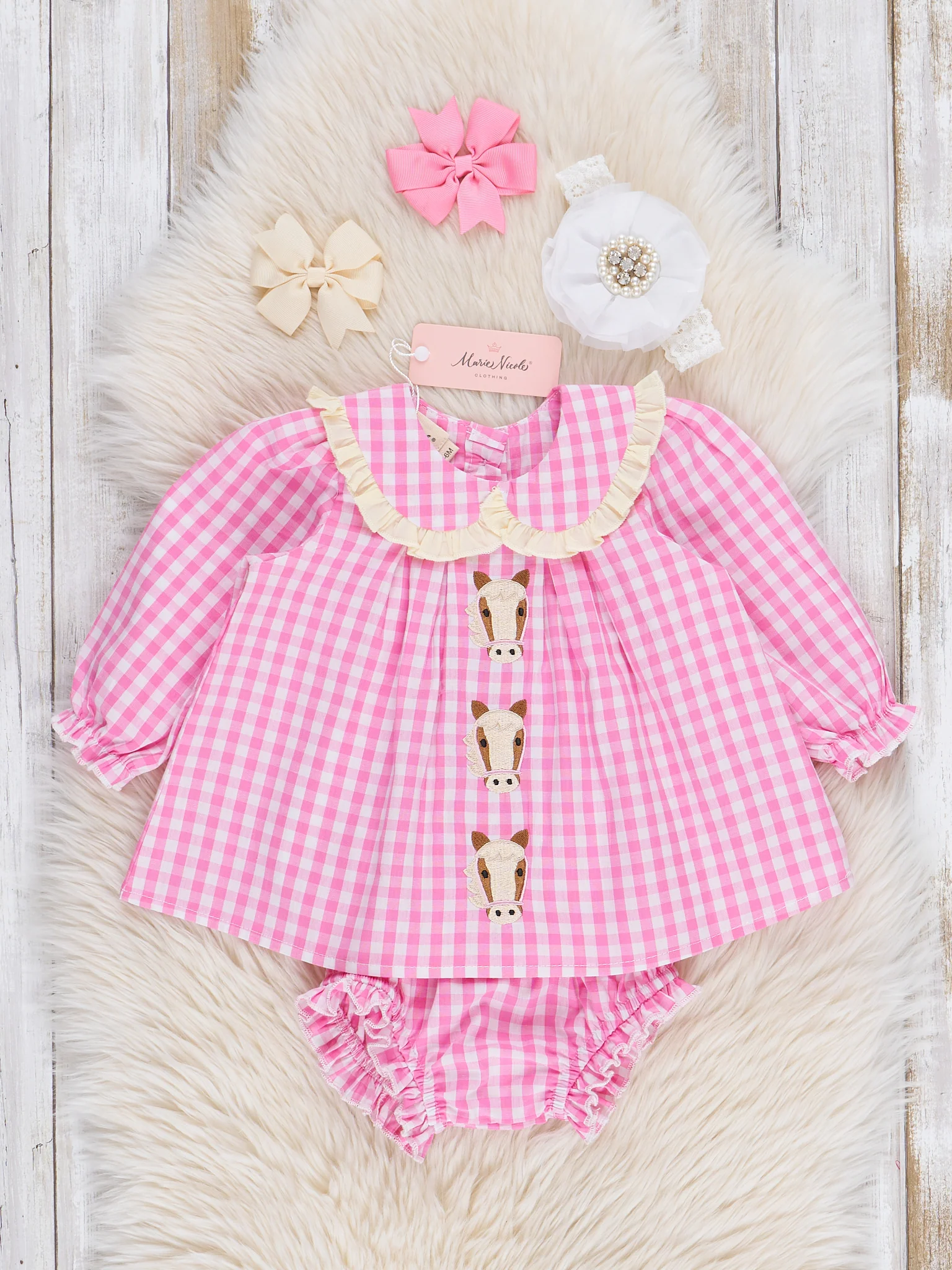 Pink Gingham Embroidered Horses Bloomers Outfit