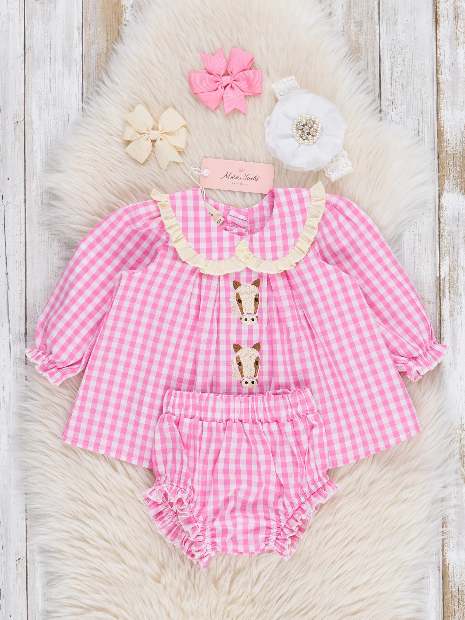 Pink Gingham Embroidered Horses Bloomers Outfit - Image 2