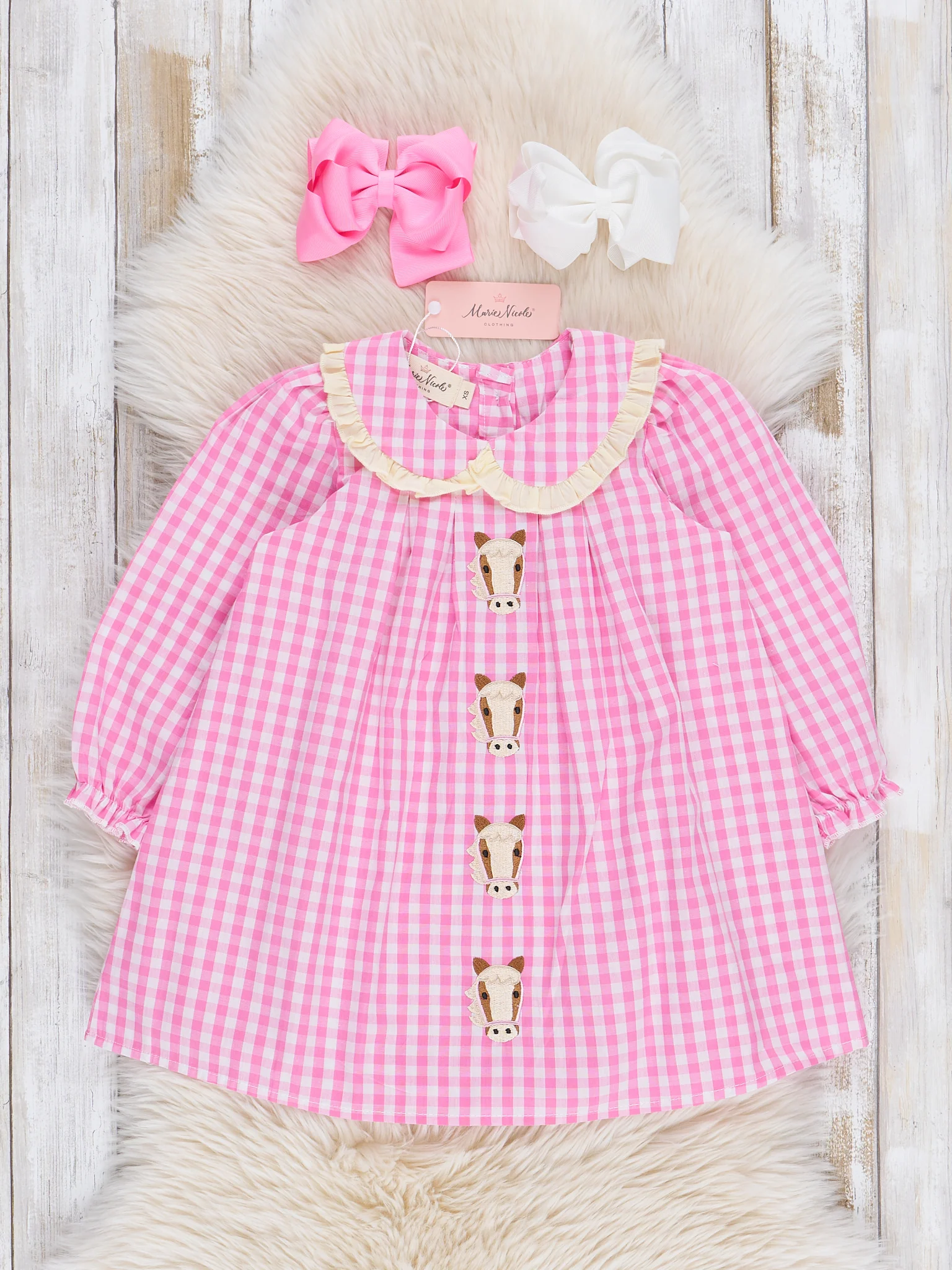 Pink Gingham Embroidered Horses Dress - Image 2