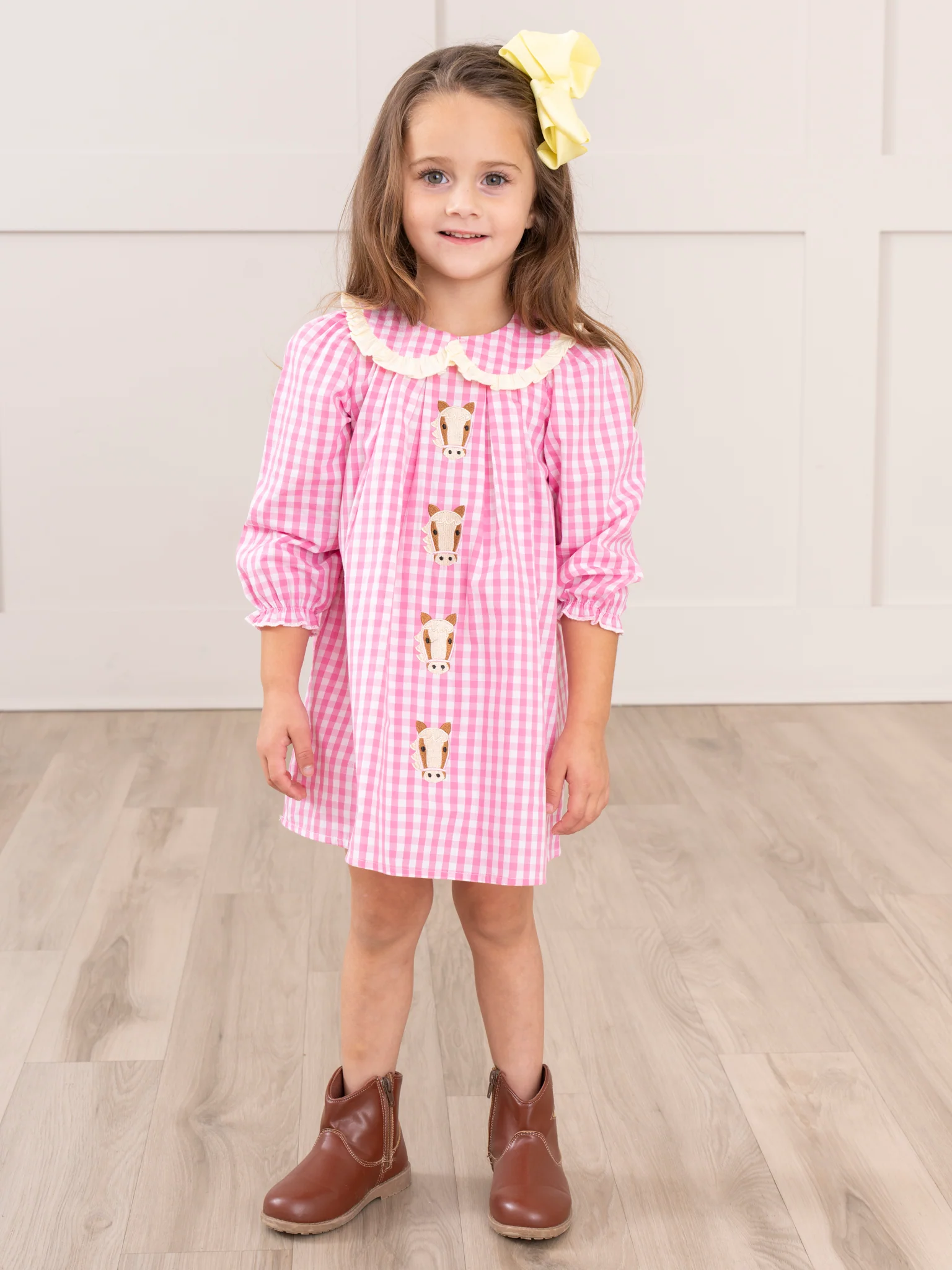 Pink Gingham Embroidered Horses Dress - Image 4