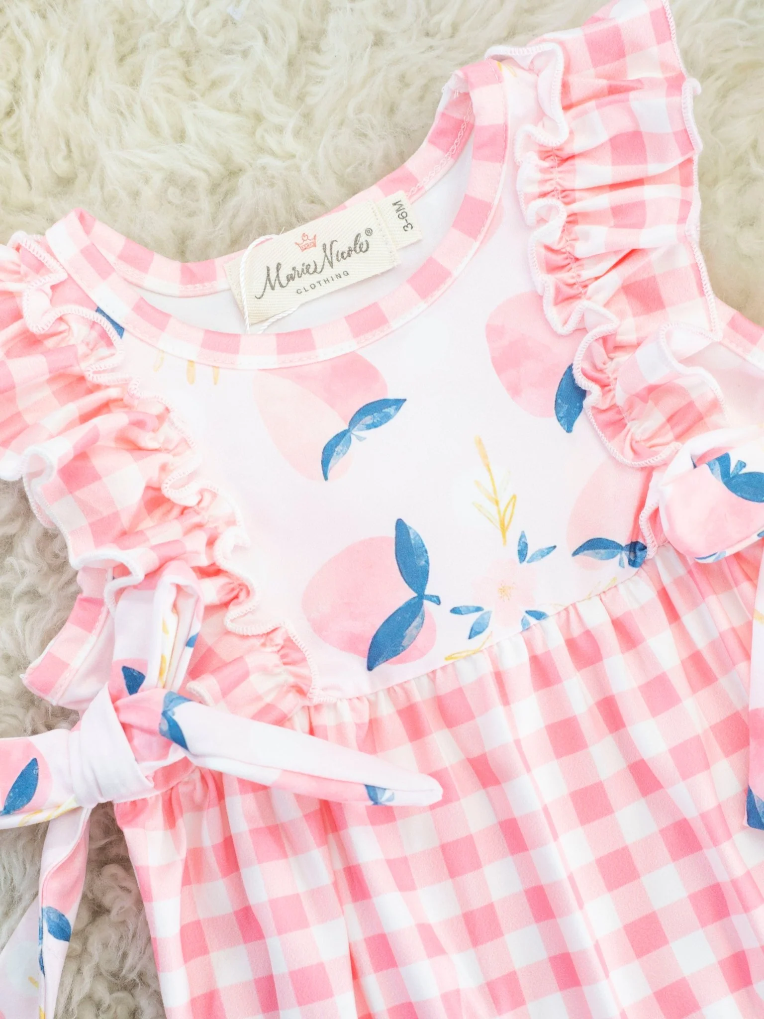 Pink Gingham Peach Ruffle Bubble Romper - Image 3