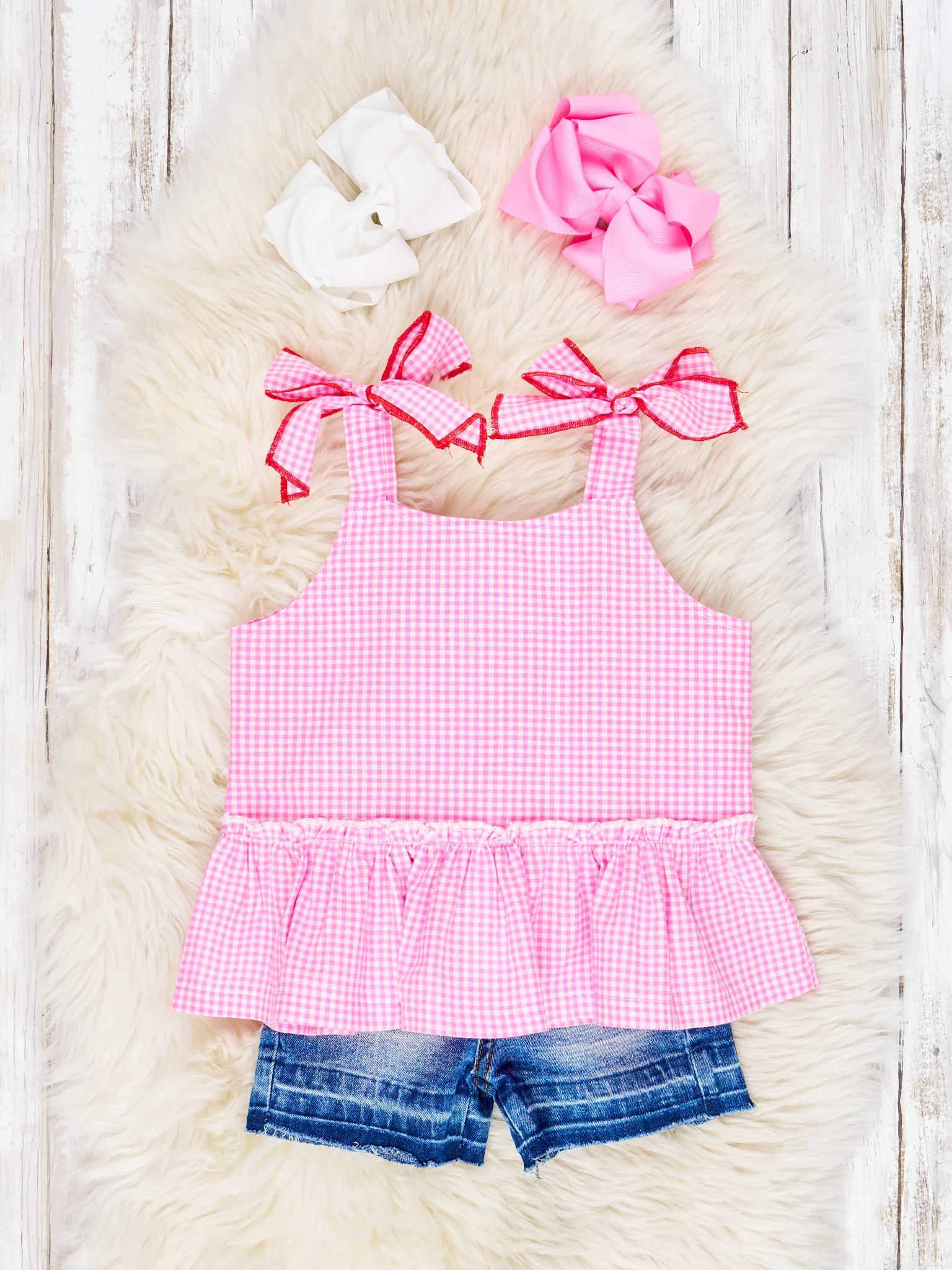 Pink Gingham Peplum Tank & Denim Shorts Outfit