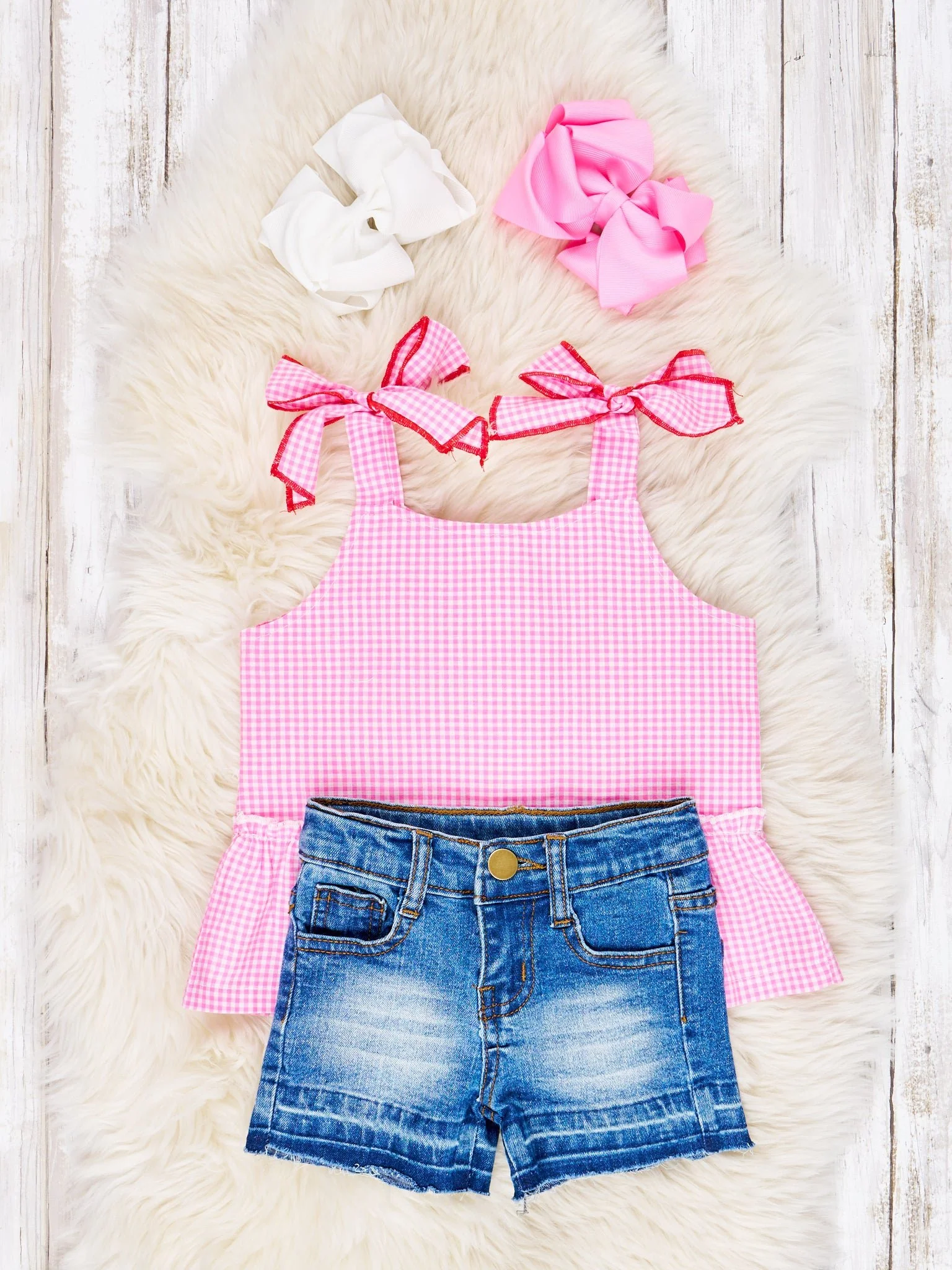 Pink Gingham Peplum Tank & Denim Shorts Outfit - Image 2