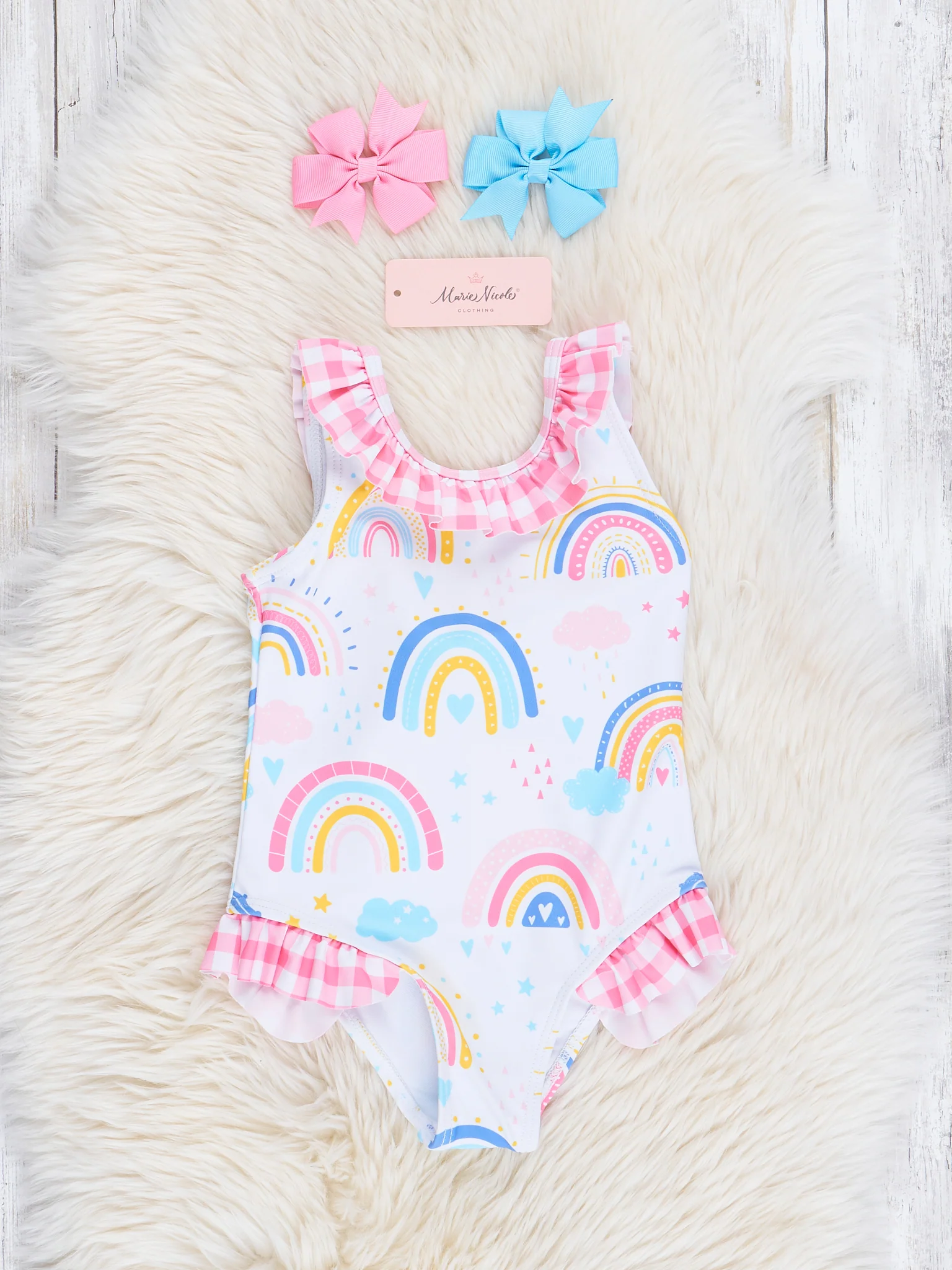 Pink Gingham Rainbow Doodles One-Piece Swimsuit