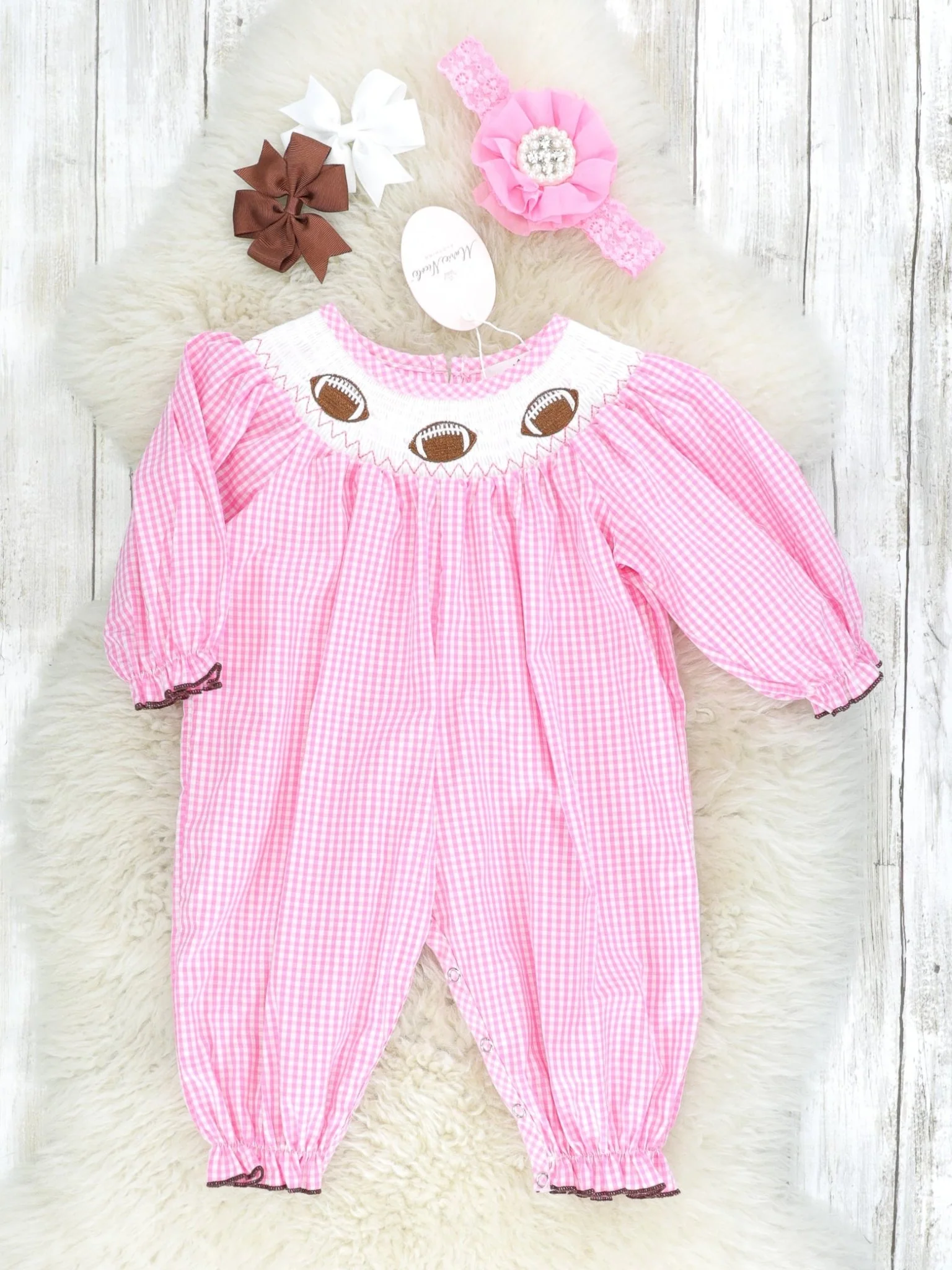 Pink Gingham Smocked Football Romper