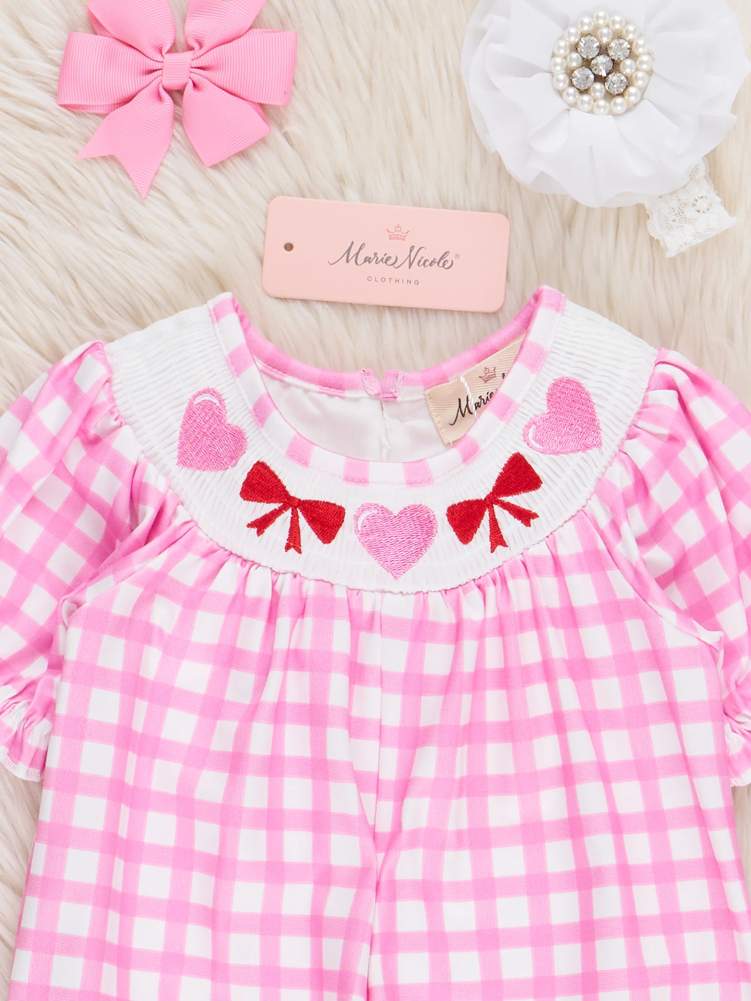 Pink Gingham Smocked Hearts & Bows Ruffle Romper - Image 2
