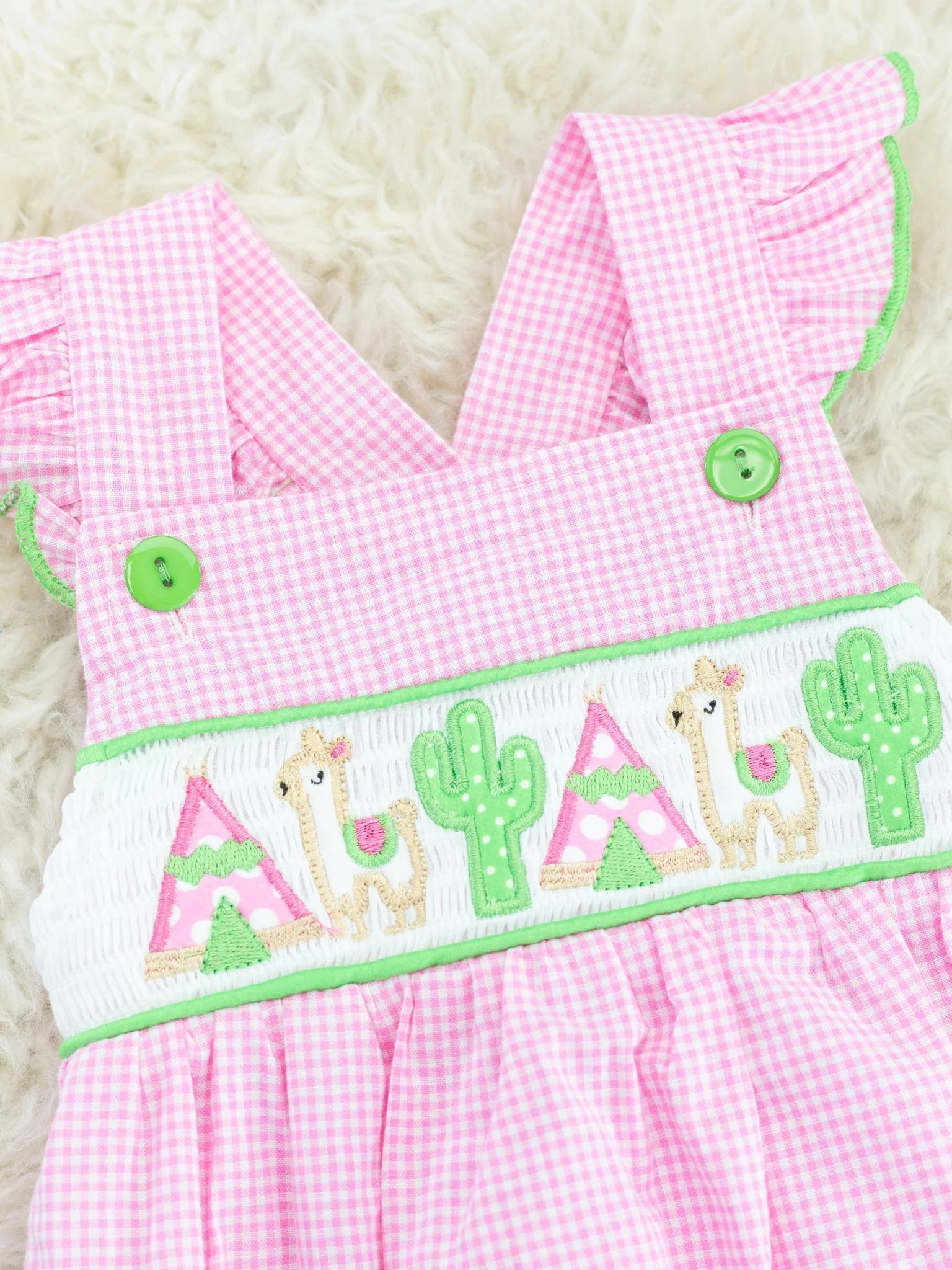 Pink Gingham Smocked Llama Bubble Romper - Image 3