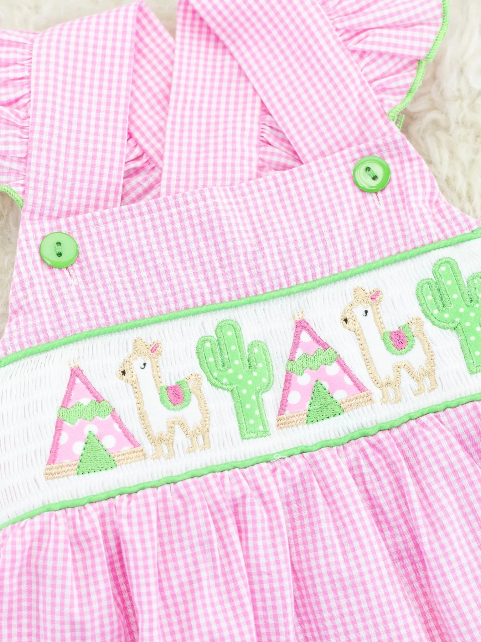 Pink Gingham Smocked Llama Dress - Image 3
