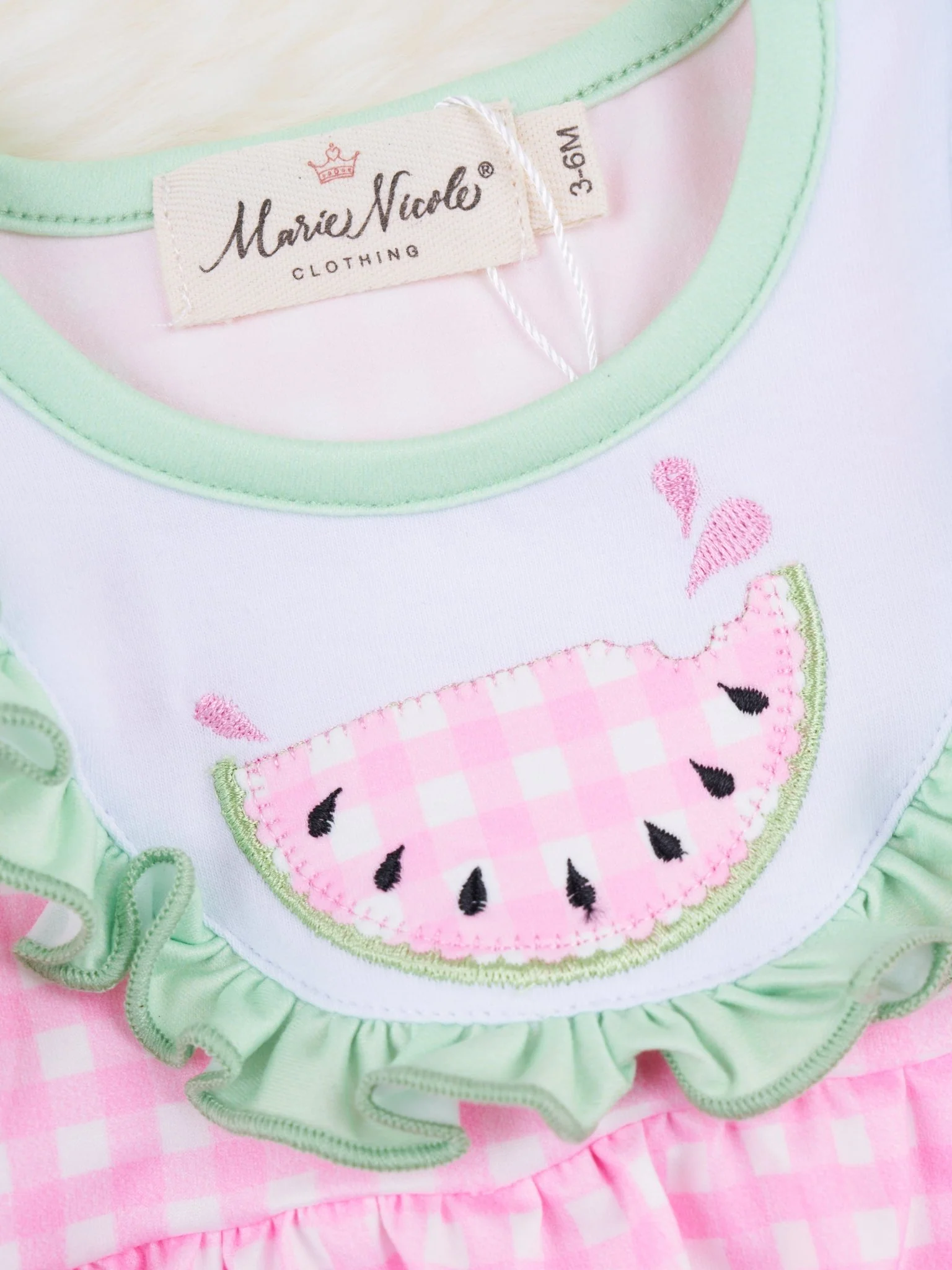 Pink Gingham Watermelon Ruffle Bubble Romper - Image 3