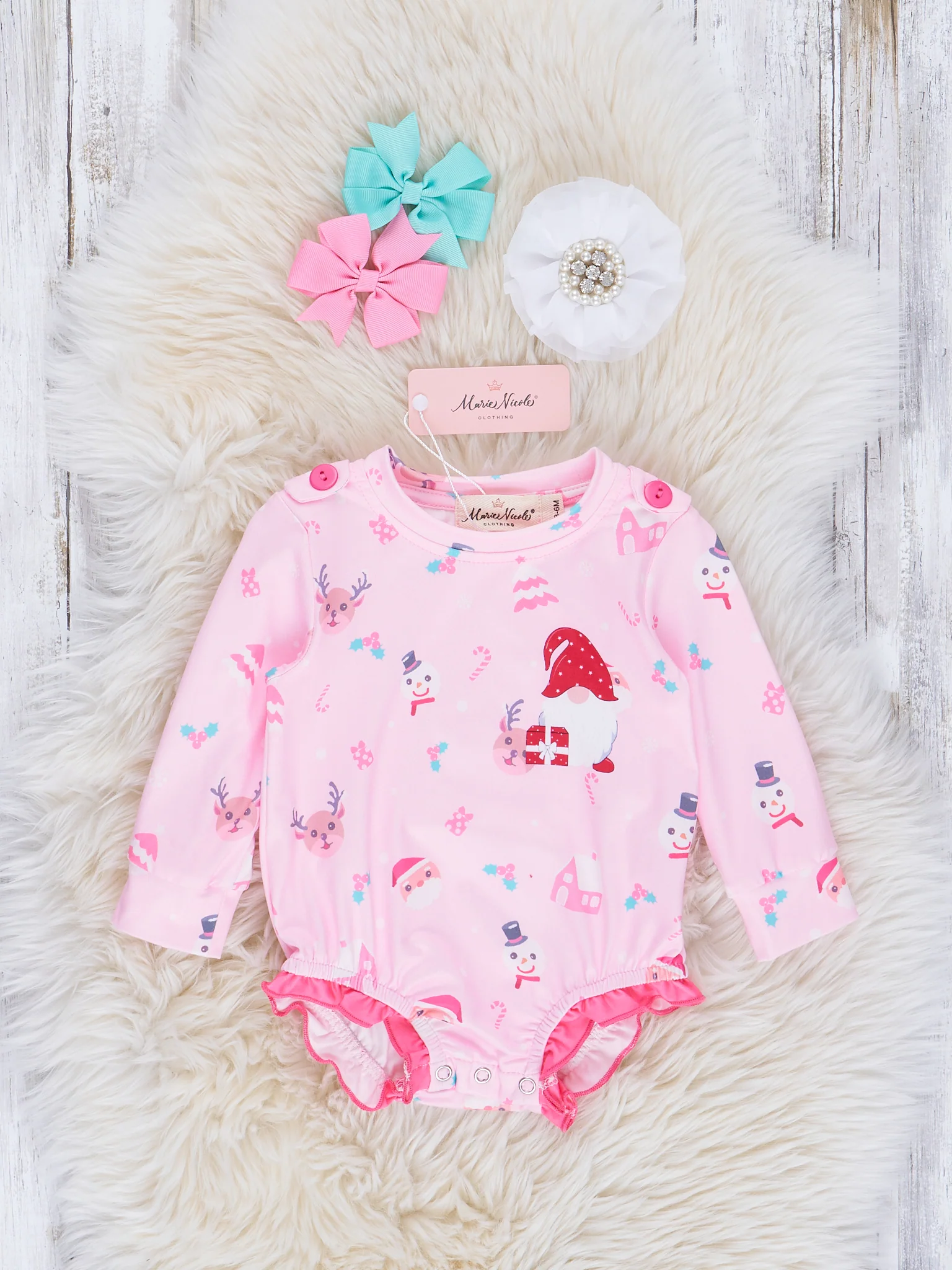 Pink Gnome & Snowman Ruffle Bubble Romper