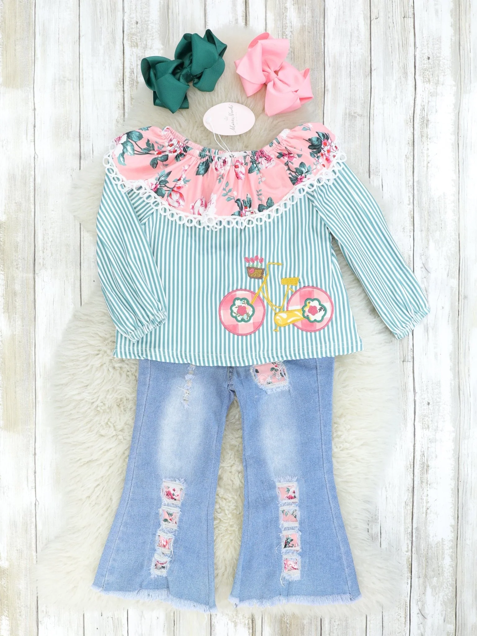 Pink & Green Bike Denim Bell Bottom Outfit